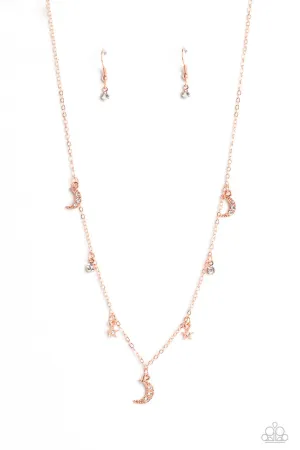 Lunar Lagoon - Copper - White Rhinestone Moon and Star Charm Paparazzi Short Necklace