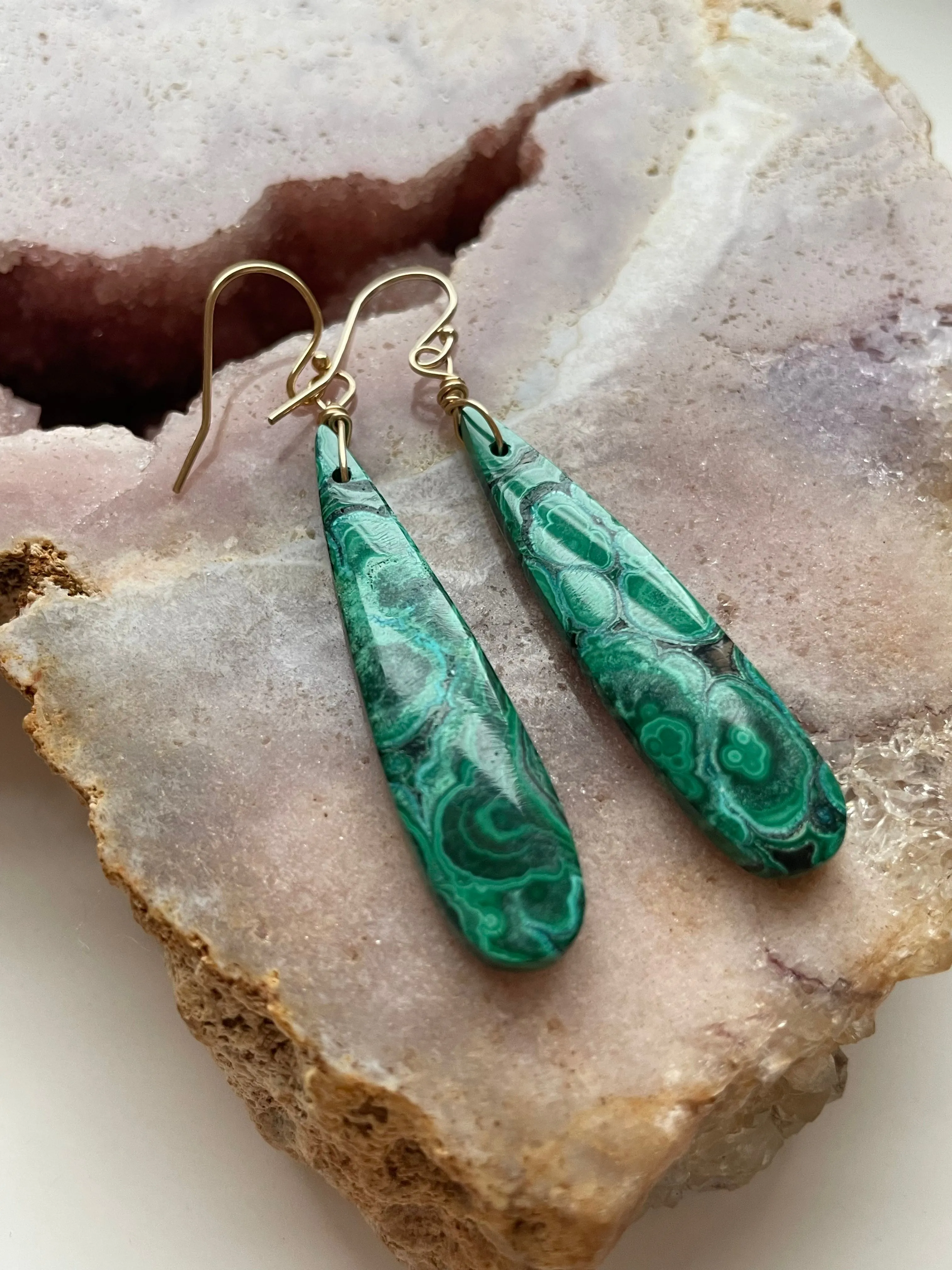 Malachite Crystal Dangle Earrings 14kt Gold Filled