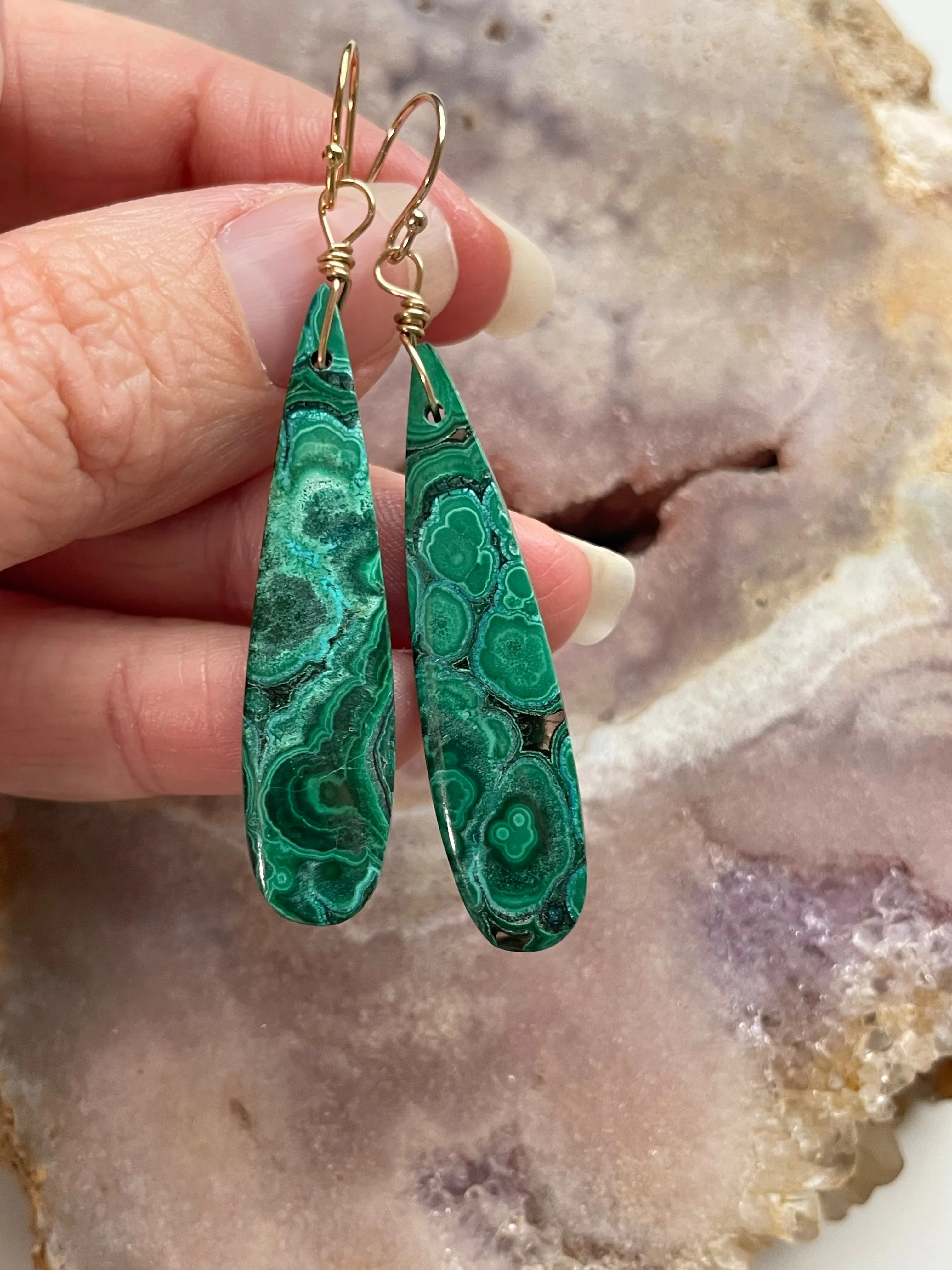 Malachite Crystal Dangle Earrings 14kt Gold Filled
