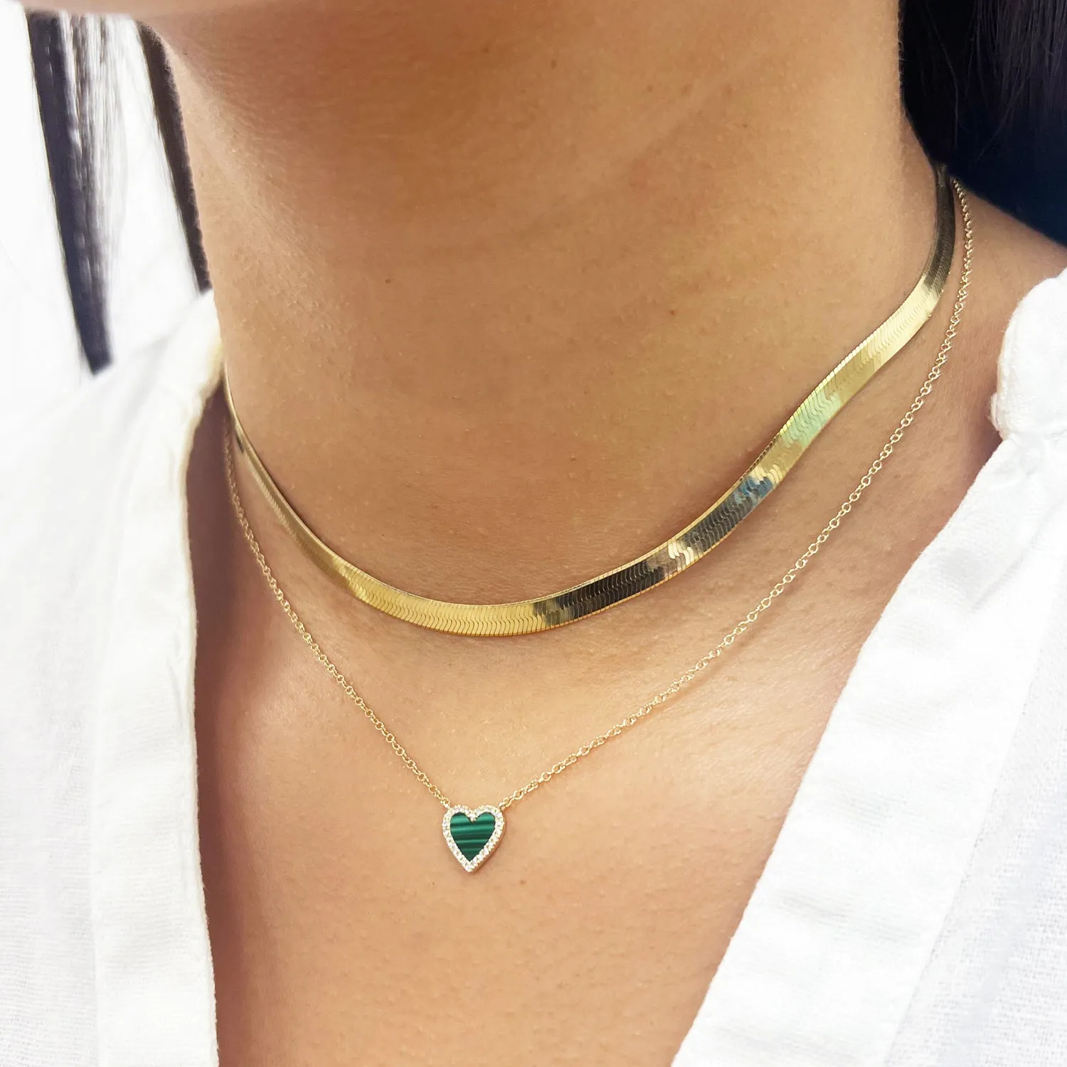 Mini Malachite Diamond Halo Heart Necklace