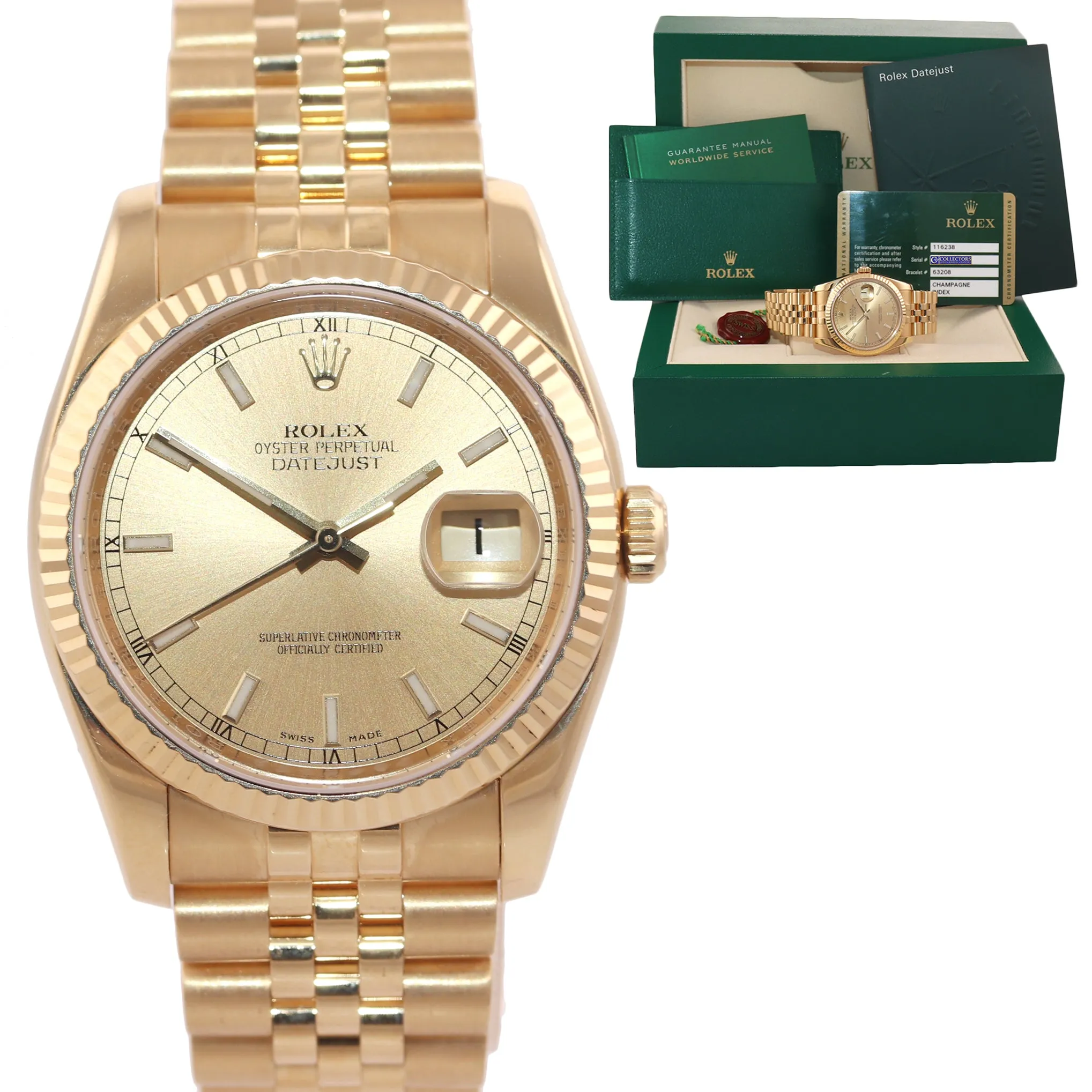 MINT PAPERS Rolex DateJust Jubilee 36mm 116238 18k Gold Champagne Jubilee Watch