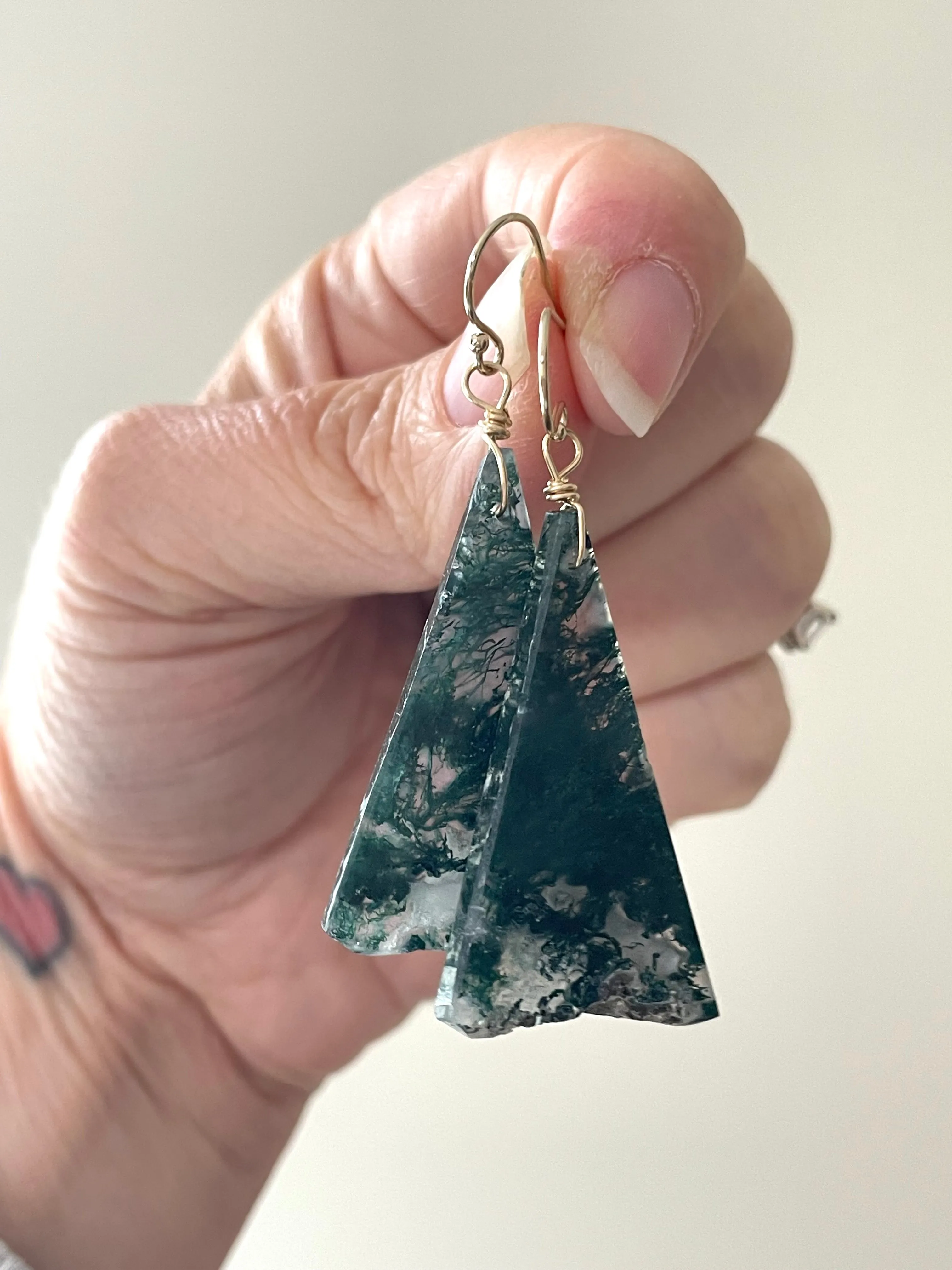 Moss agate earrings dangle gold fill statement