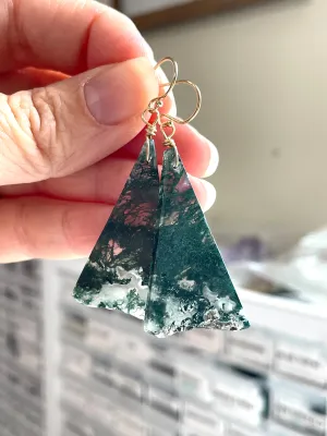 Moss agate earrings dangle gold fill statement