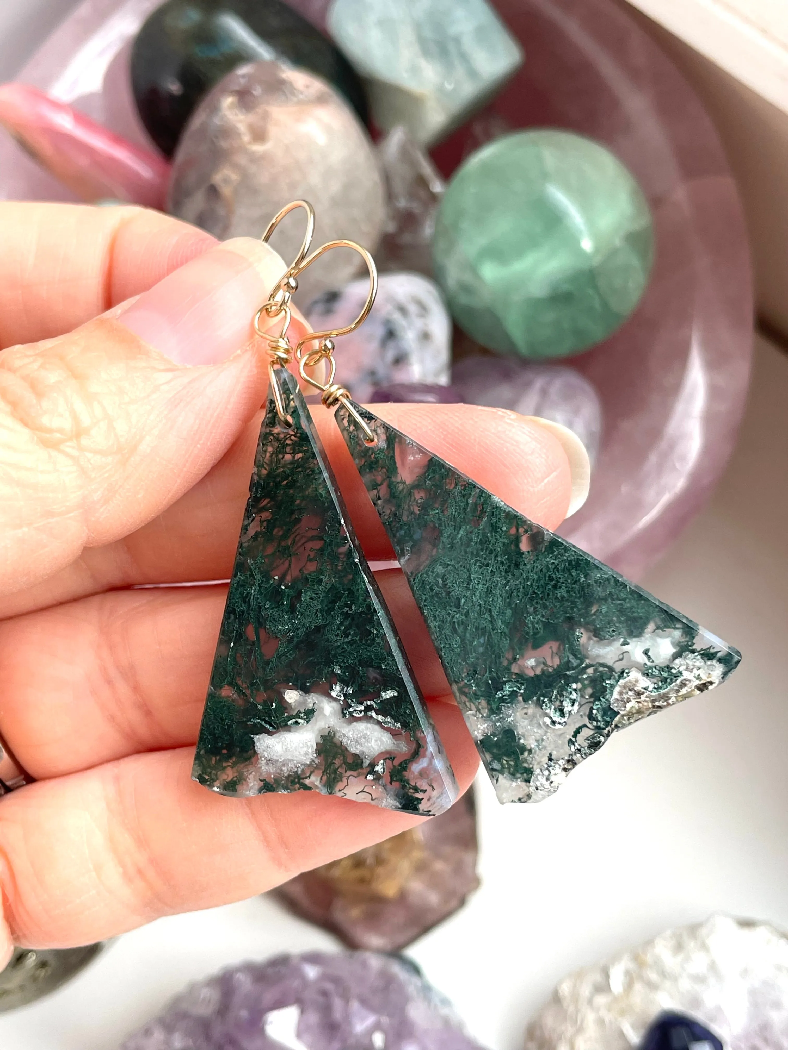 Moss agate earrings dangle gold fill statement