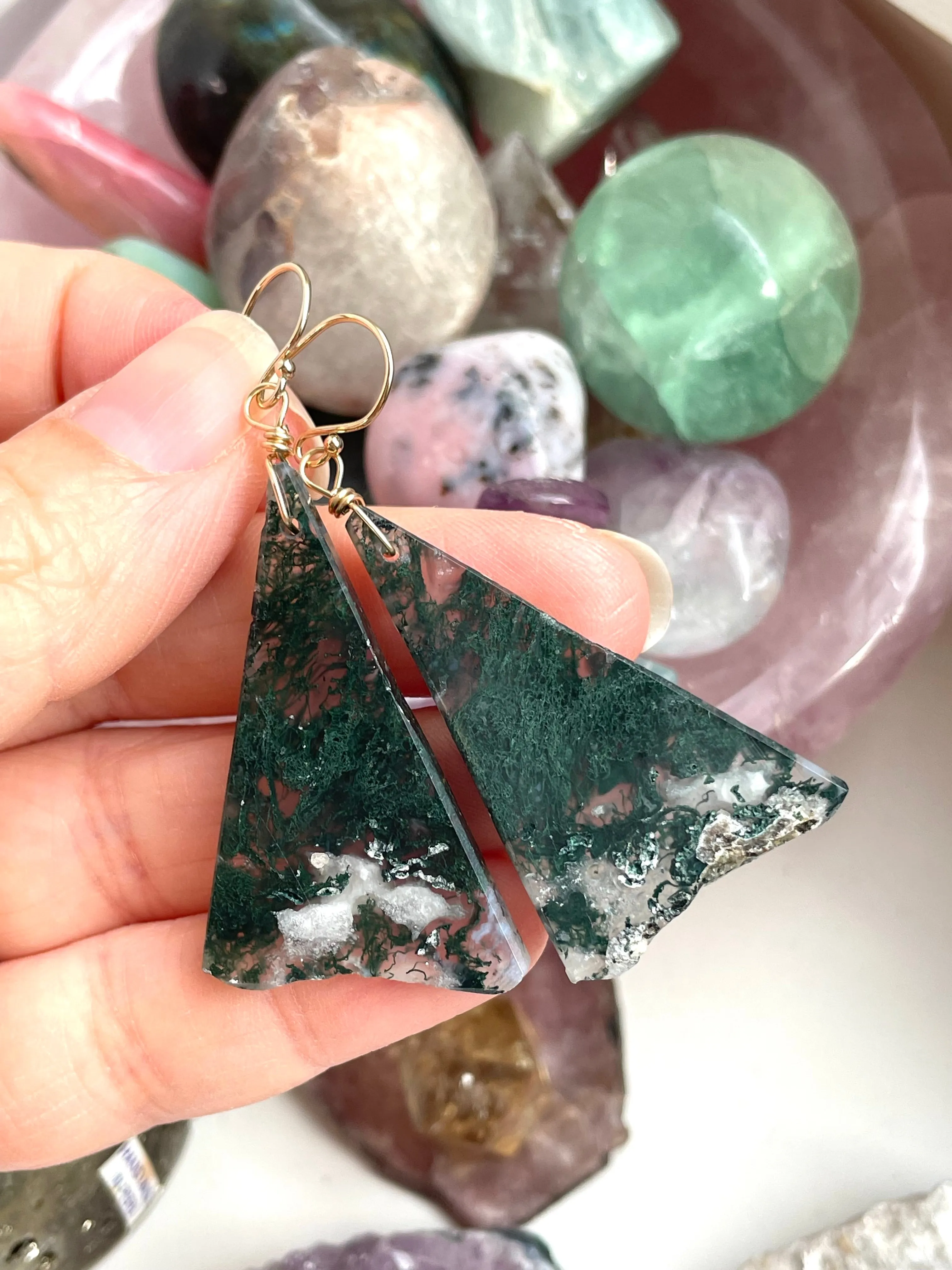 Moss agate earrings dangle gold fill statement
