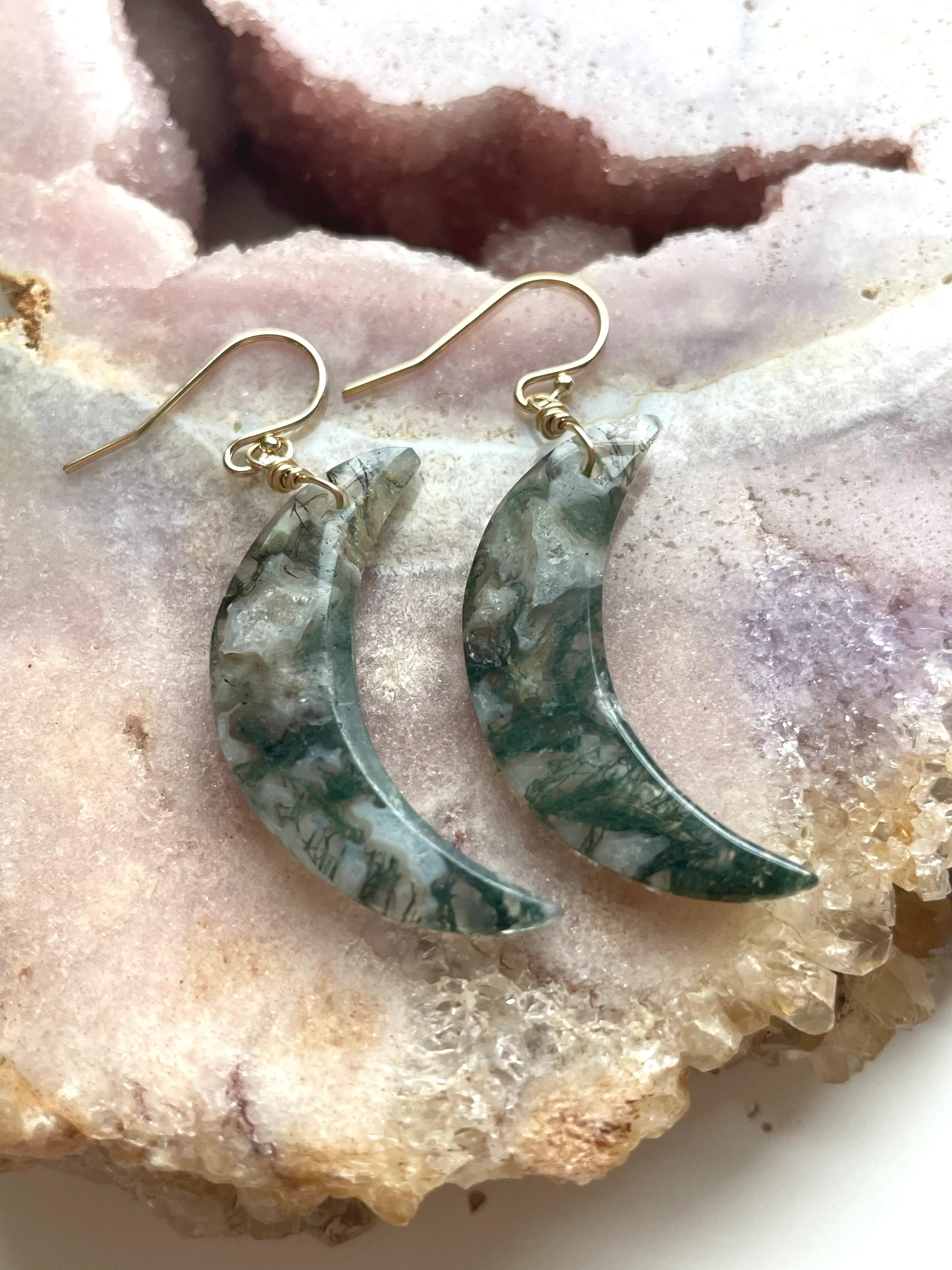 Moss agate Moon earrings dangle gold fill statement