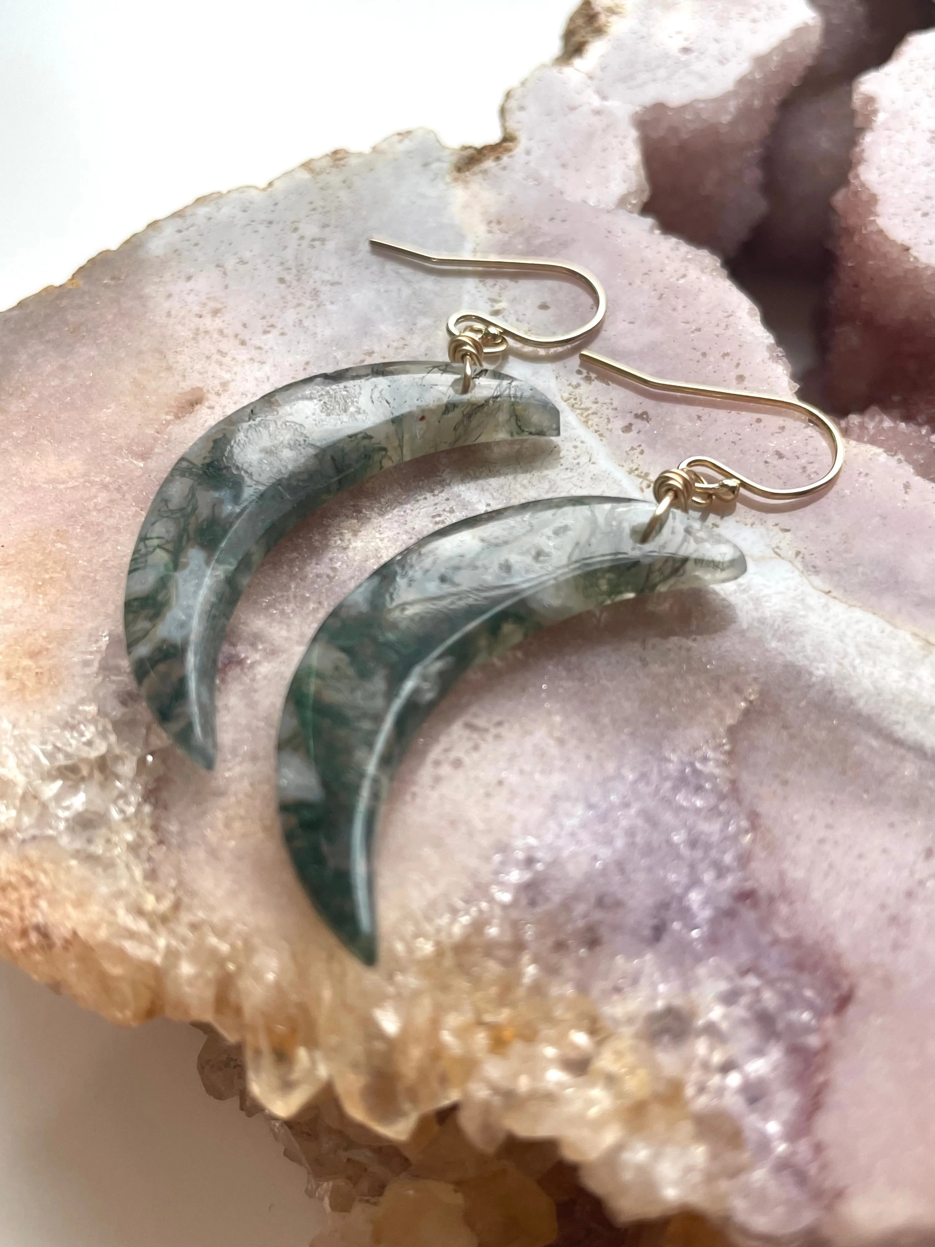 Moss agate Moon earrings dangle gold fill statement