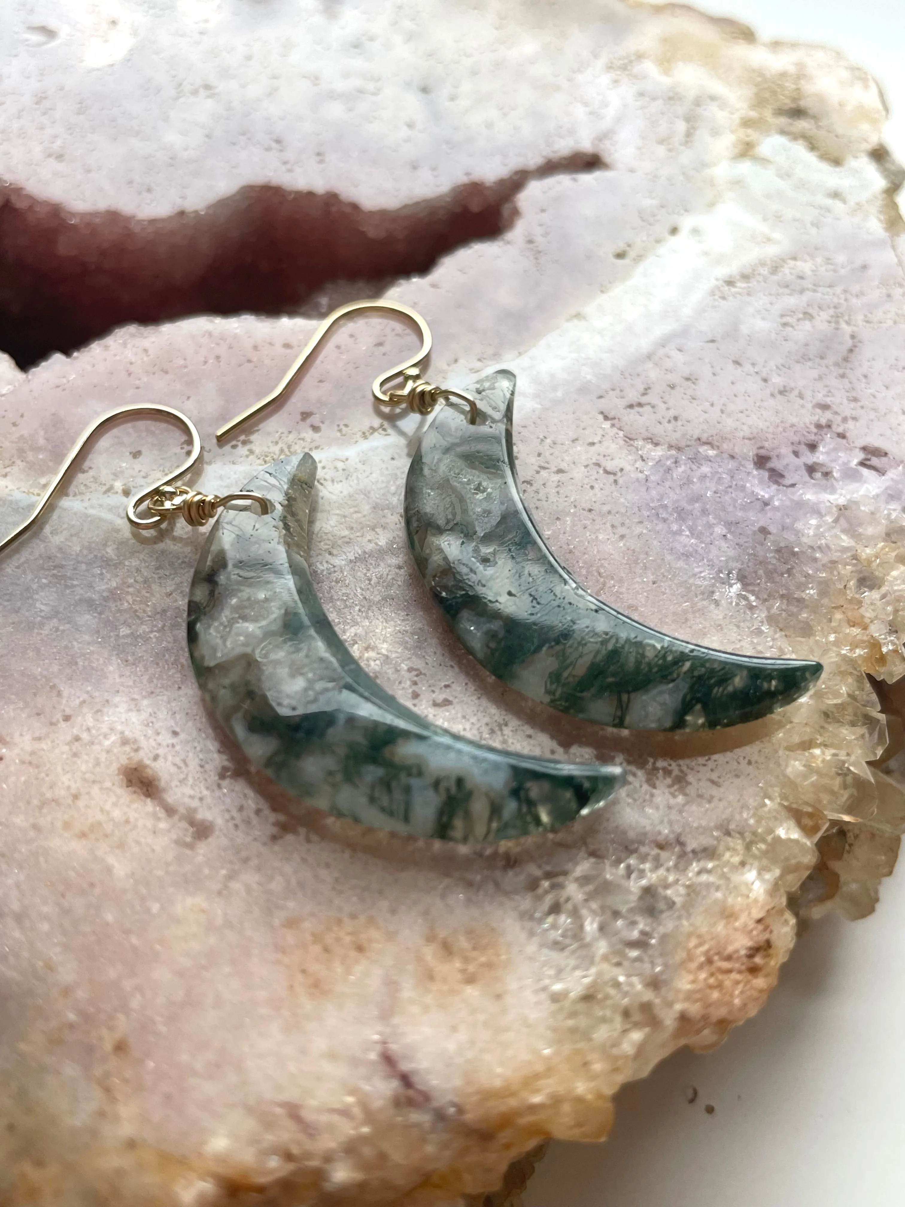 Moss agate Moon earrings dangle gold fill statement