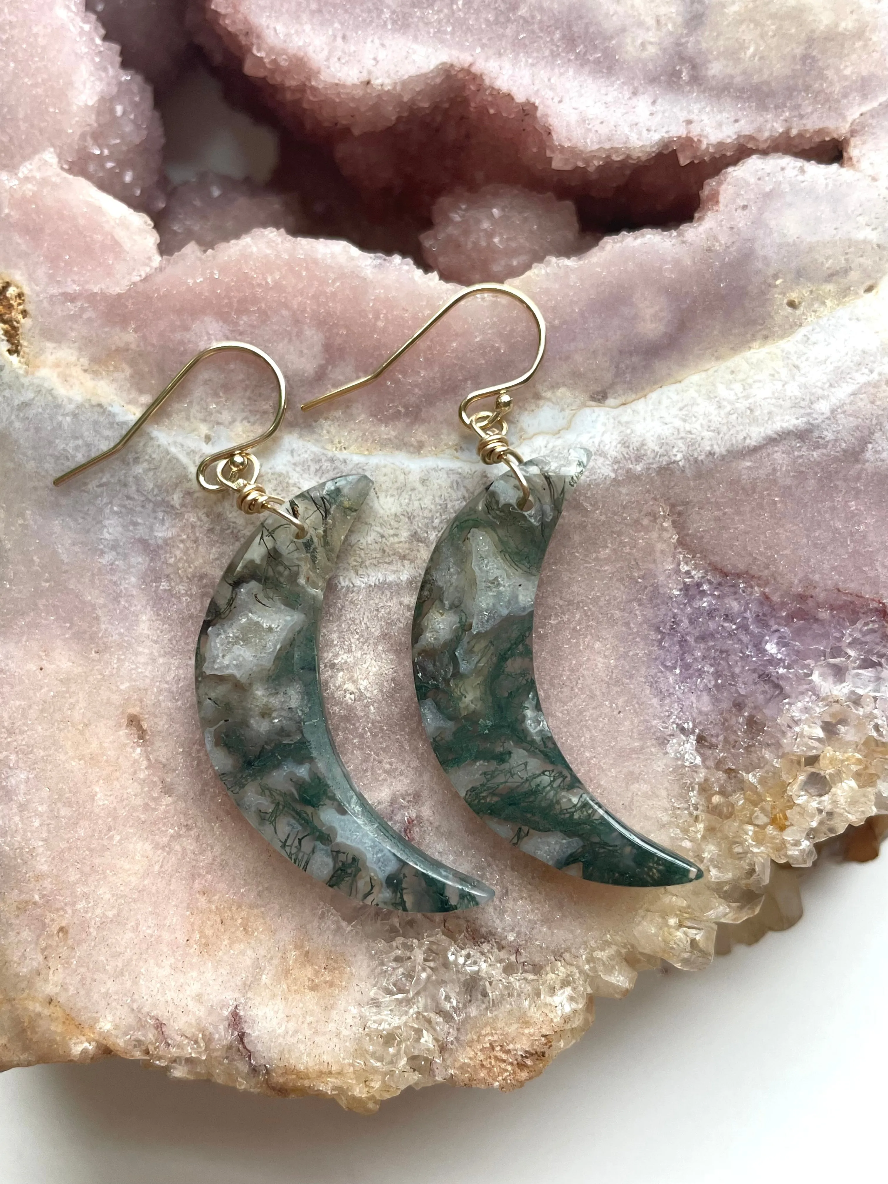 Moss agate Moon earrings dangle gold fill statement