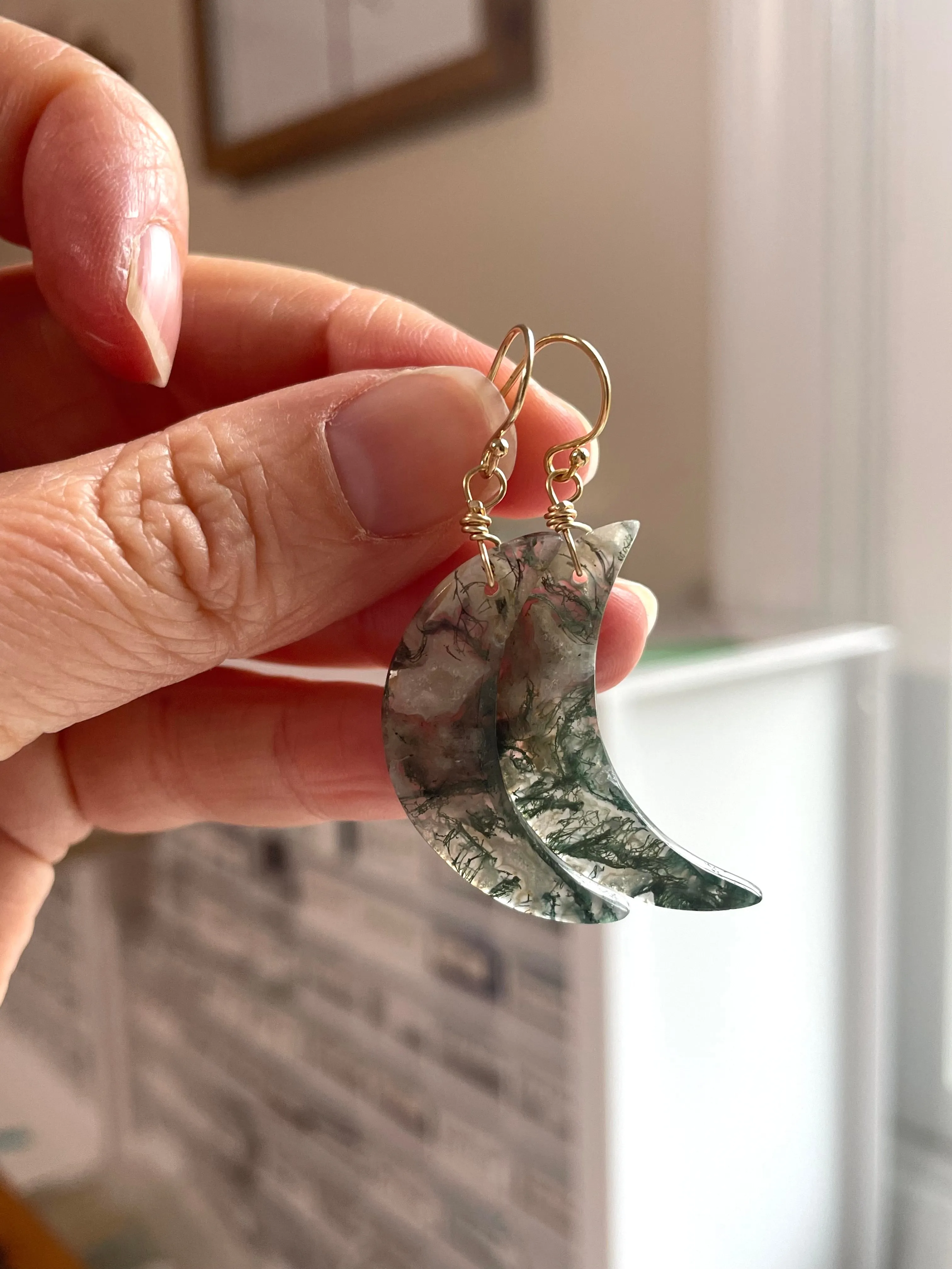 Moss agate Moon earrings dangle gold fill statement