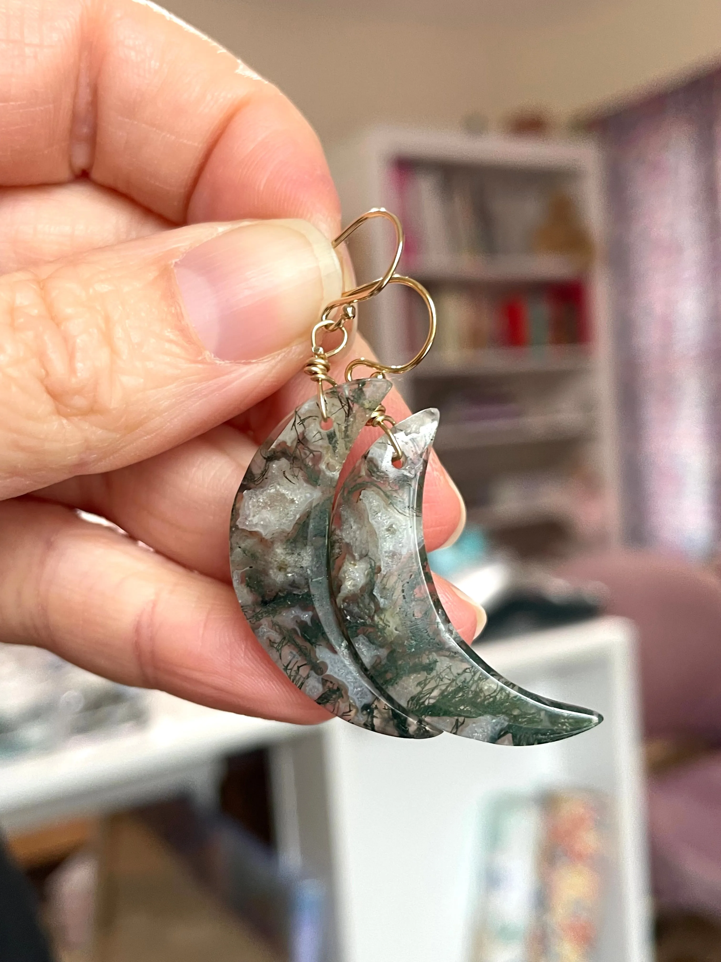 Moss agate Moon earrings dangle gold fill statement