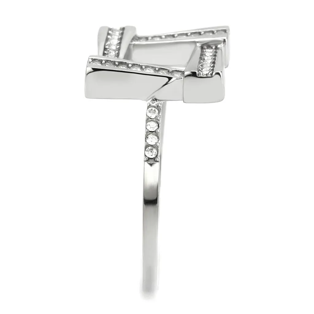 MT ad 143 - Modern Stainless Steel Abstract Clear Crystals April Birthstone Pave