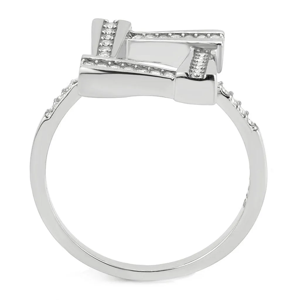 MT ad 143 - Modern Stainless Steel Abstract Clear Crystals April Birthstone Pave