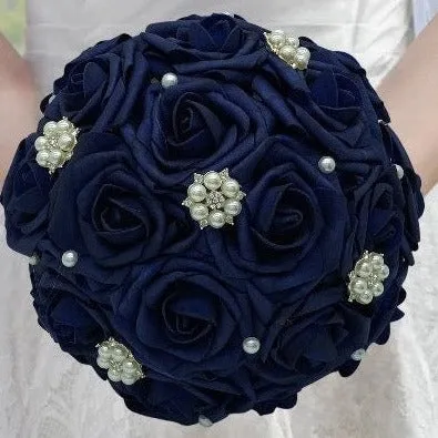 Navy Blue Bridal Party Bouquet Package Real Touch Roses Bouquet