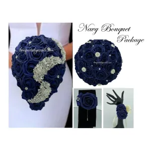 Navy Blue Bridal Party Bouquet Package Real Touch Roses Bouquet