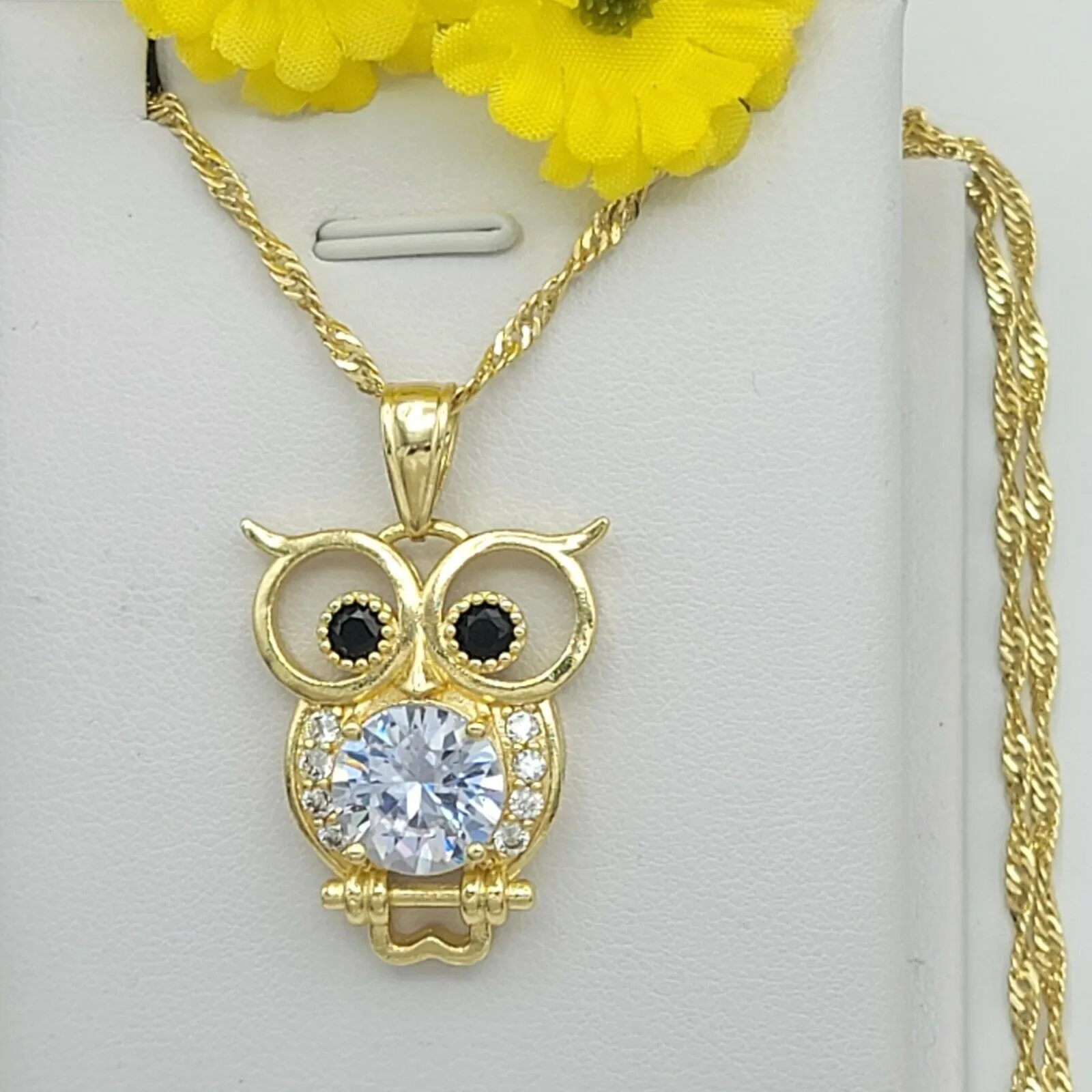 Necklaces - 14k Gold Plated. CZ Owl Pendant & Chain.