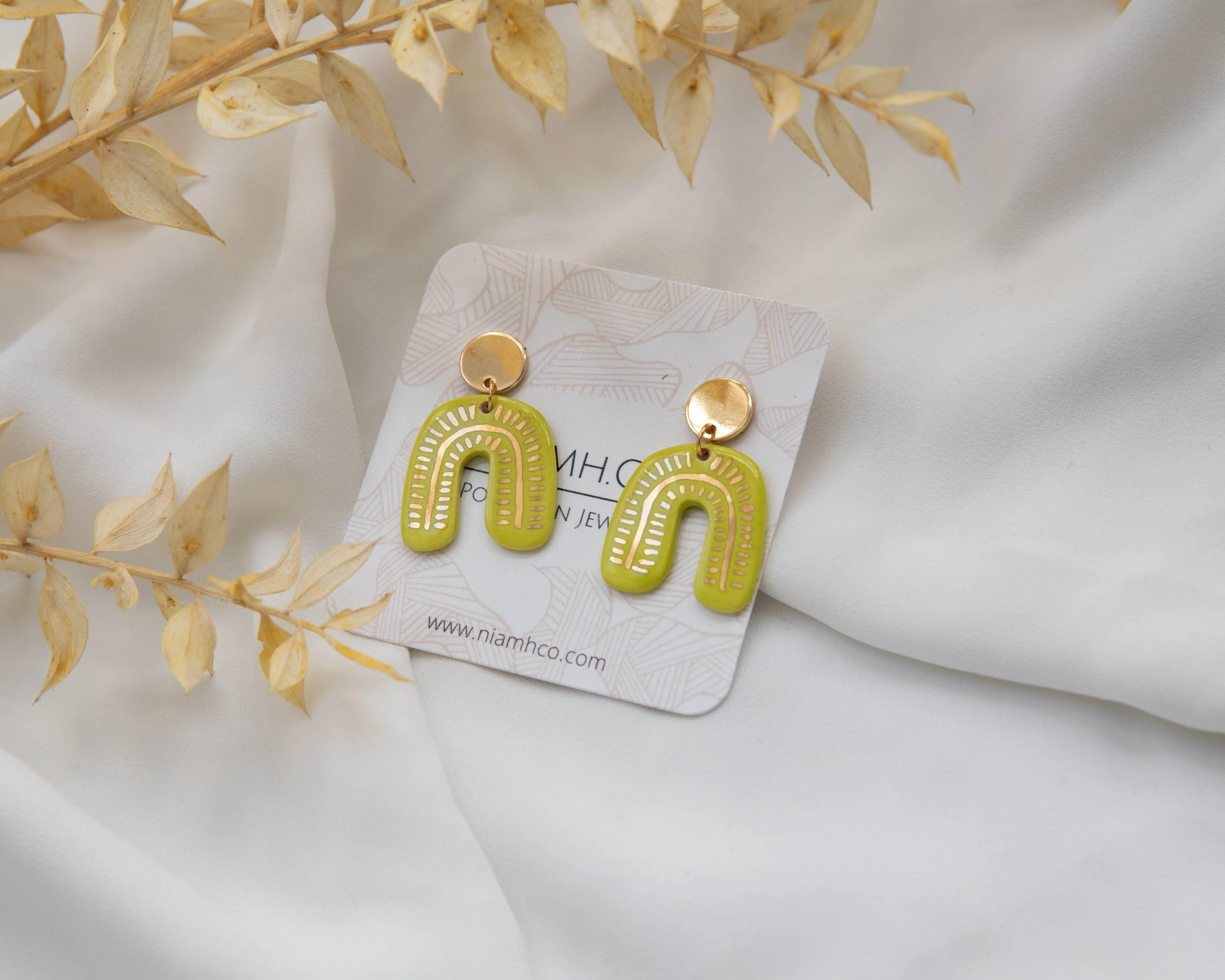 Neon Green and Gold Porcelain Drop Arch Earrings