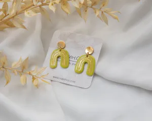 Neon Green and Gold Porcelain Drop Arch Earrings