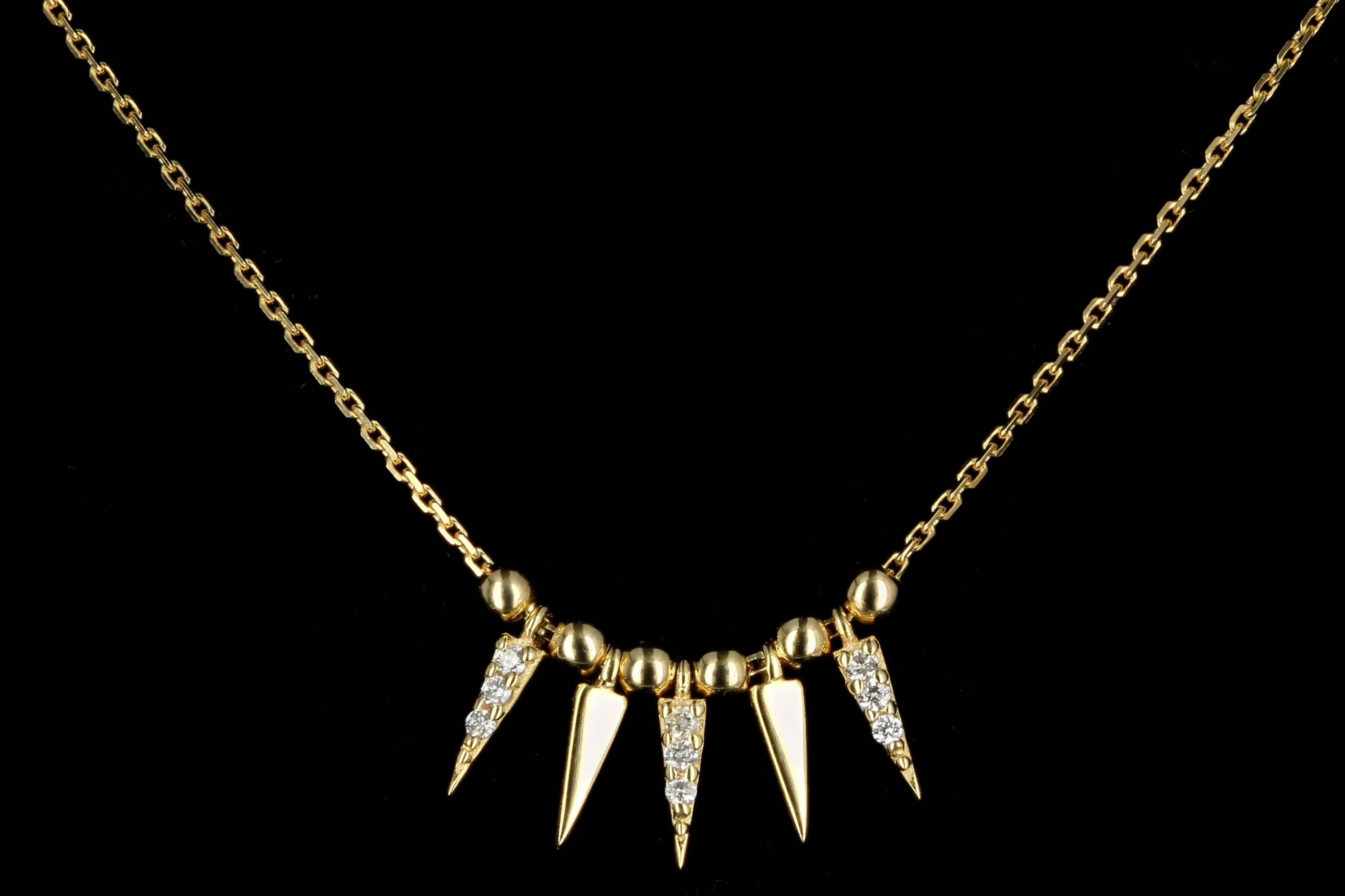 New 14K Gold Diamond Bead and Spike Necklace Adjustable 16-18 inches