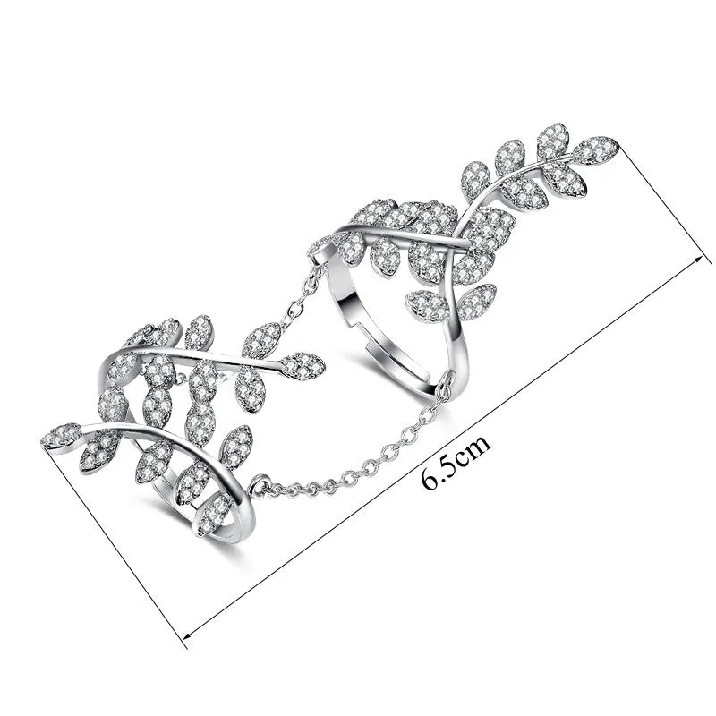 Olive Branch Finger Rings Micro CZ White Gold Plated With Chain Jewelry for Women Bague Femme Female Ring Bijoux