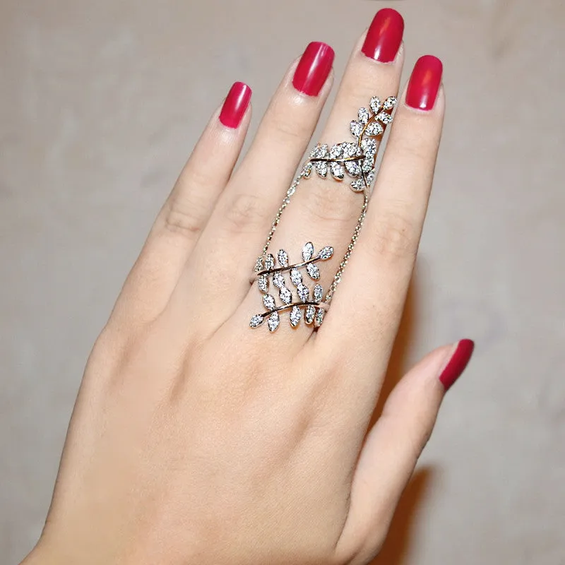 Olive Branch Finger Rings Micro CZ White Gold Plated With Chain Jewelry for Women Bague Femme Female Ring Bijoux