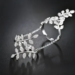 Olive Branch Finger Rings Micro CZ White Gold Plated With Chain Jewelry for Women Bague Femme Female Ring Bijoux