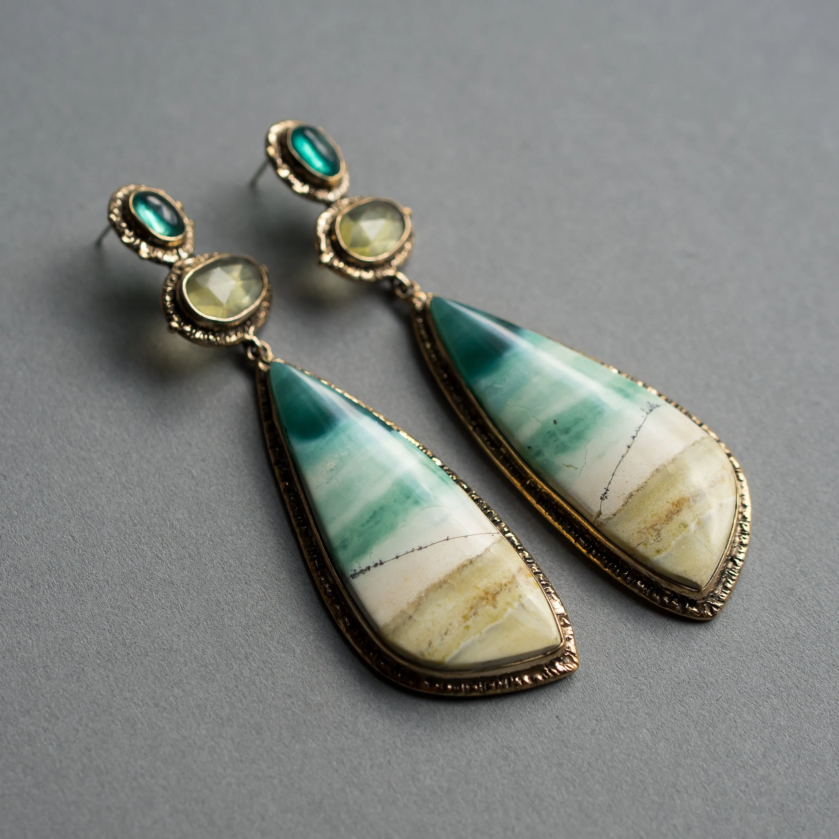 Opalized Wood, Heliodor & Apatite Earrings