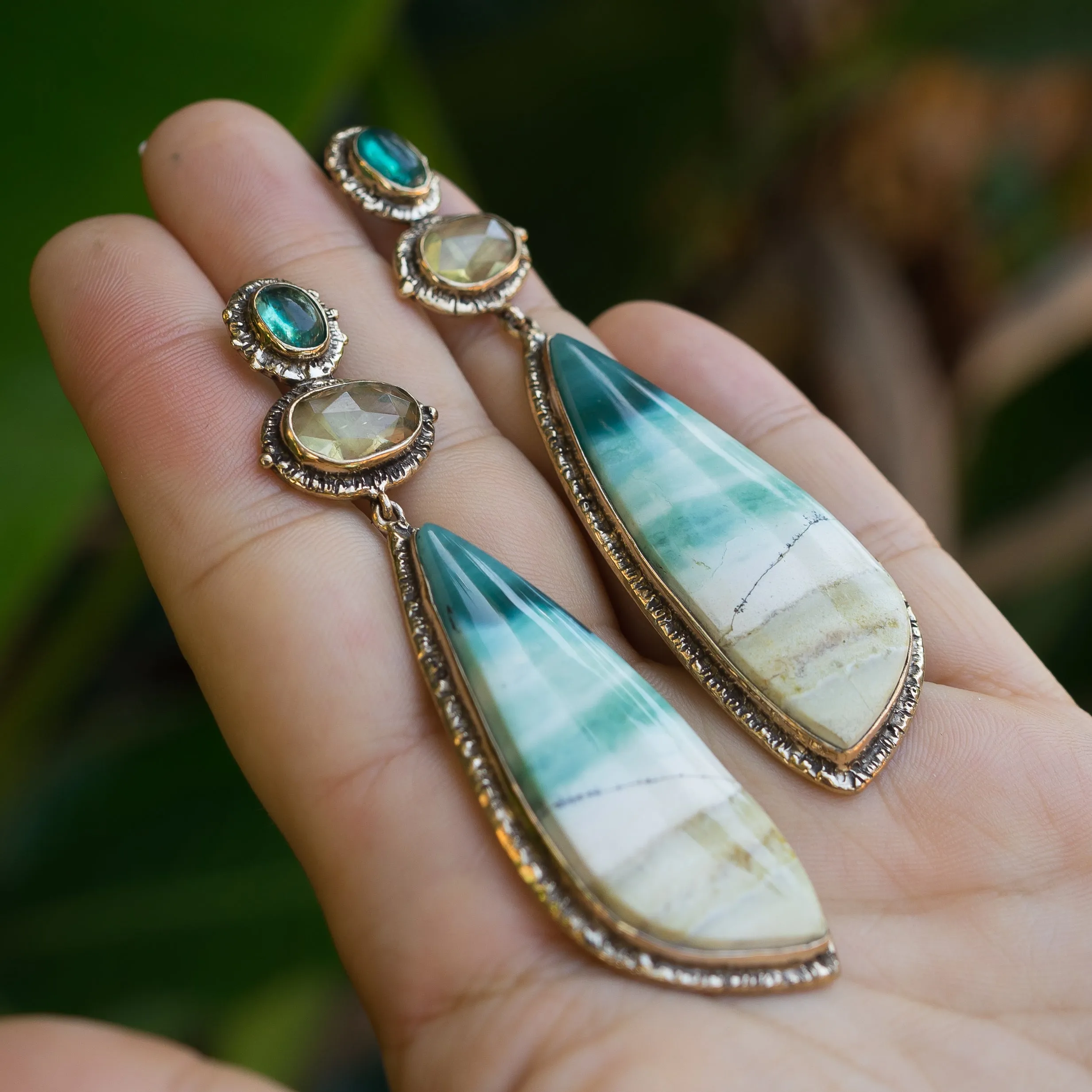 Opalized Wood, Heliodor & Apatite Earrings