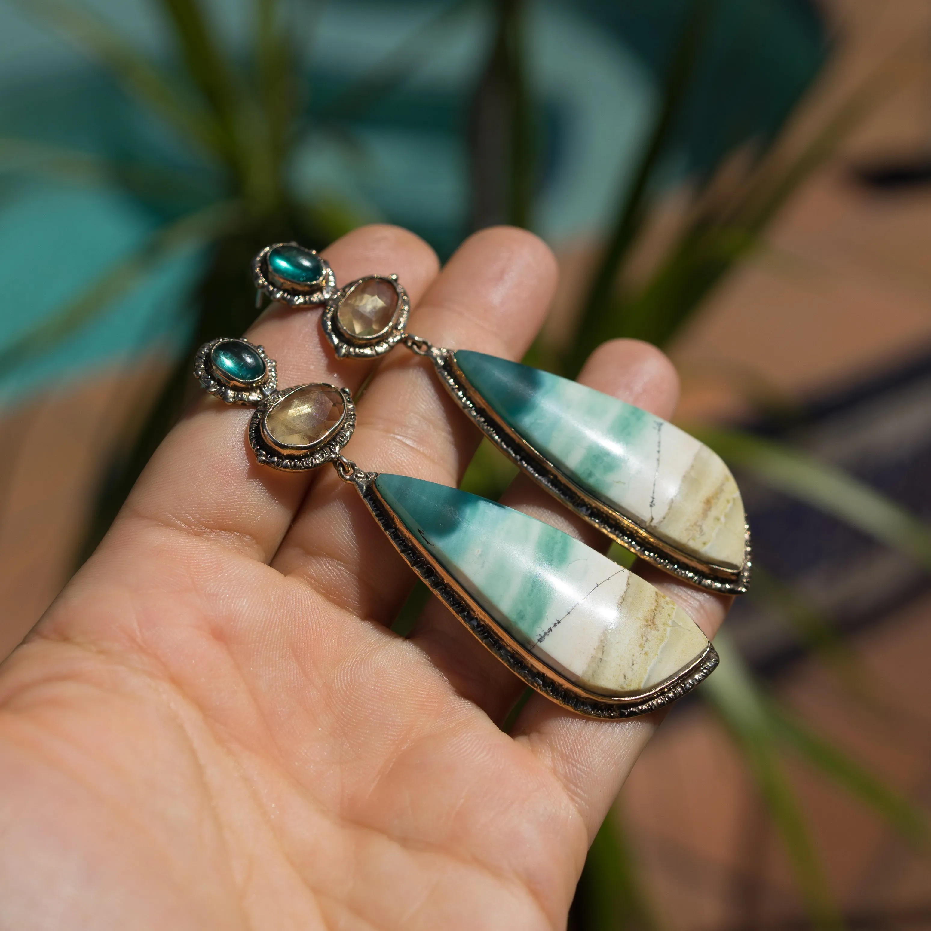 Opalized Wood, Heliodor & Apatite Earrings