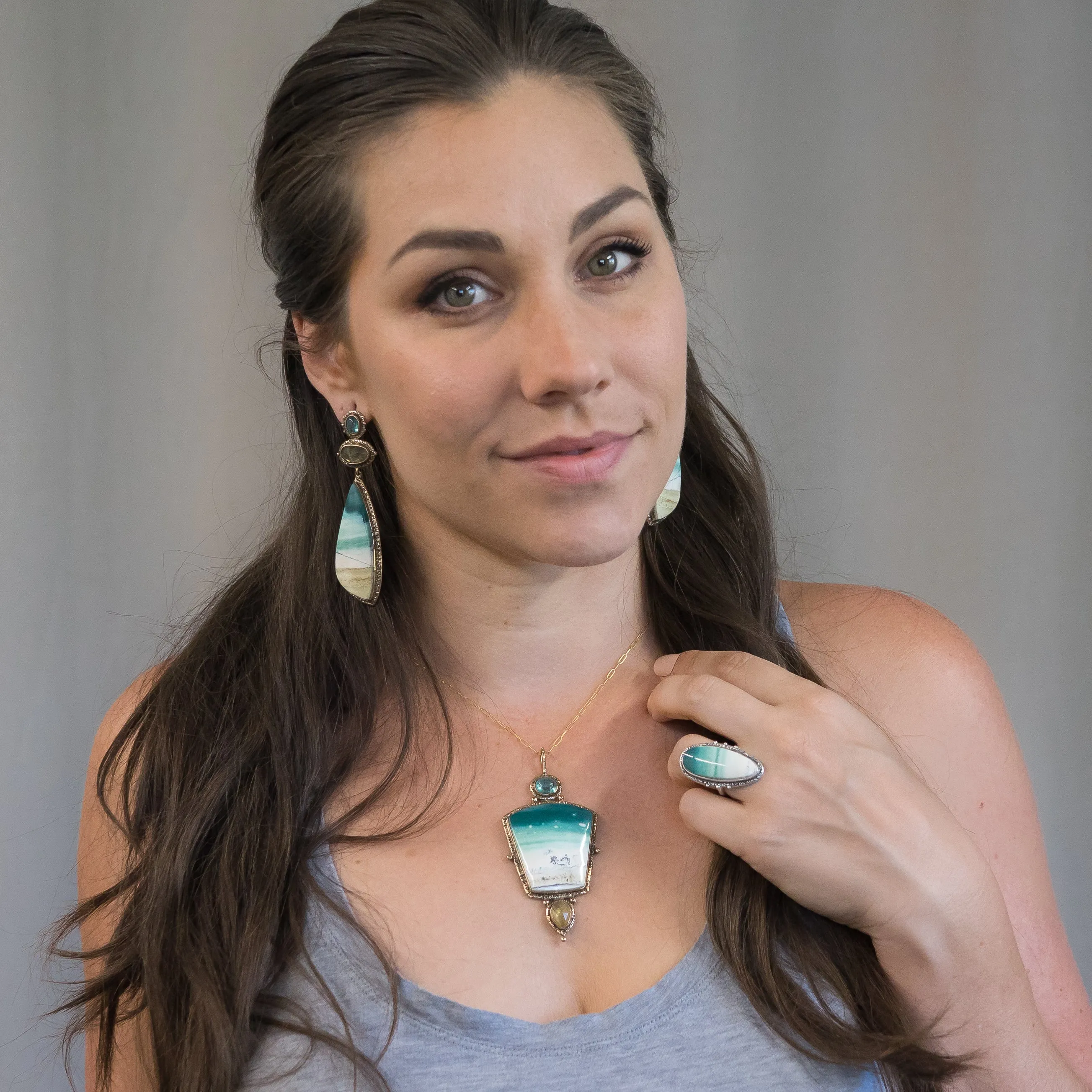 Opalized Wood, Heliodor & Apatite Earrings