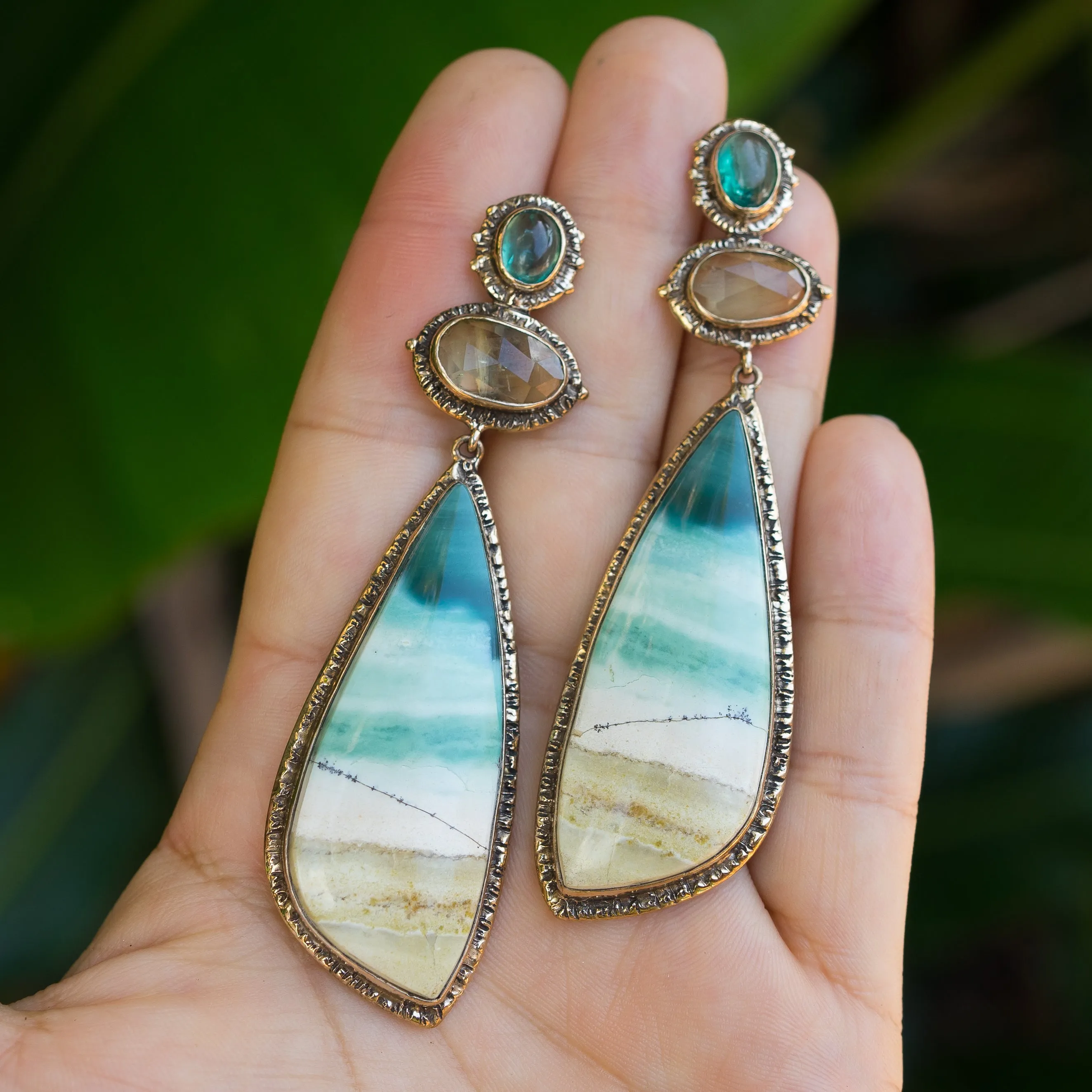 Opalized Wood, Heliodor & Apatite Earrings