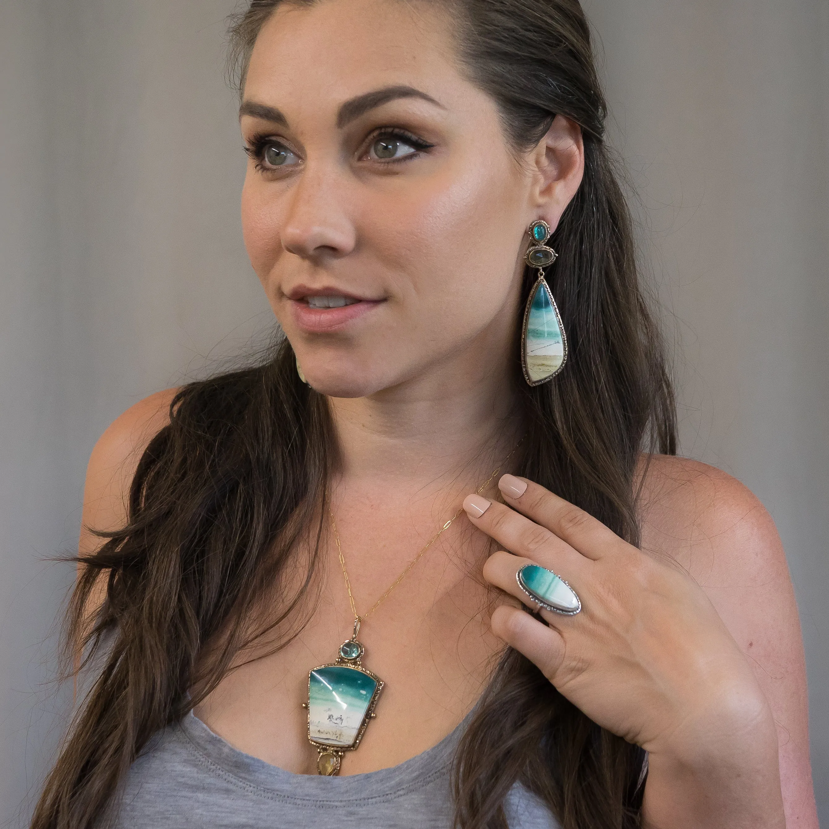 Opalized Wood, Heliodor & Apatite Earrings