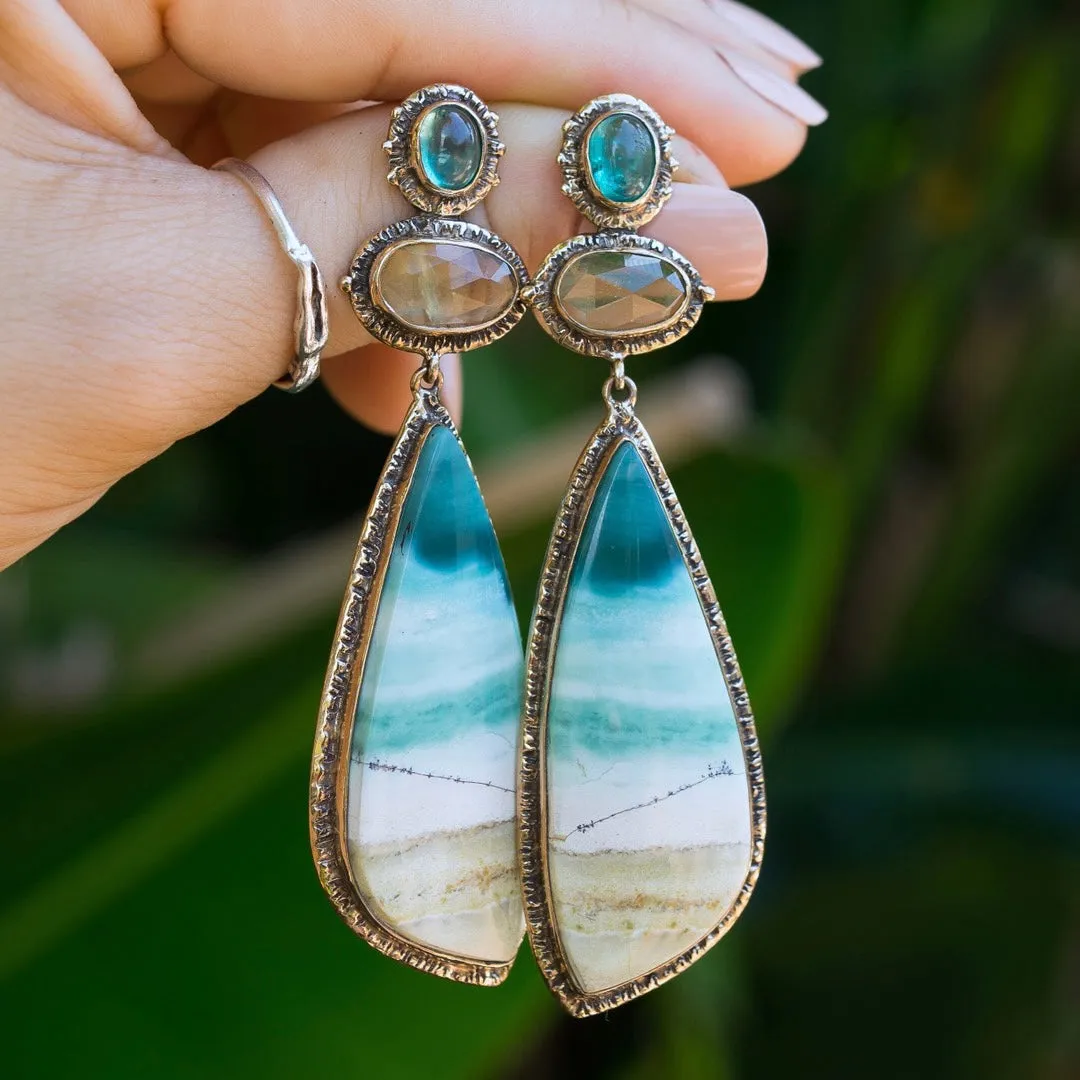 Opalized Wood, Heliodor & Apatite Earrings