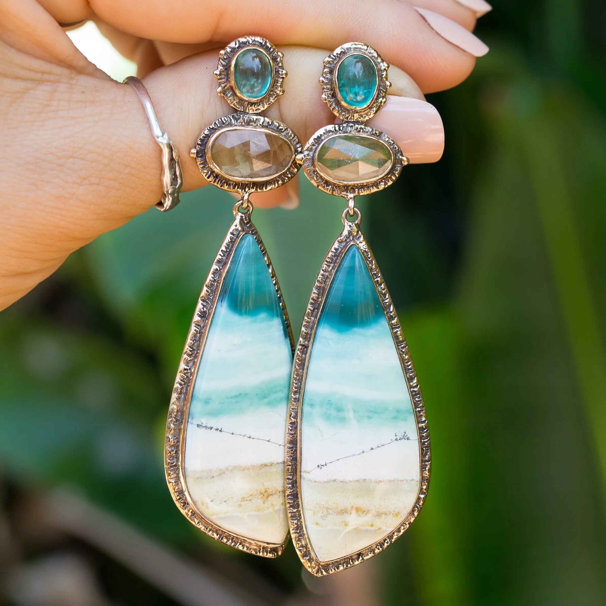 Opalized Wood, Heliodor & Apatite Earrings