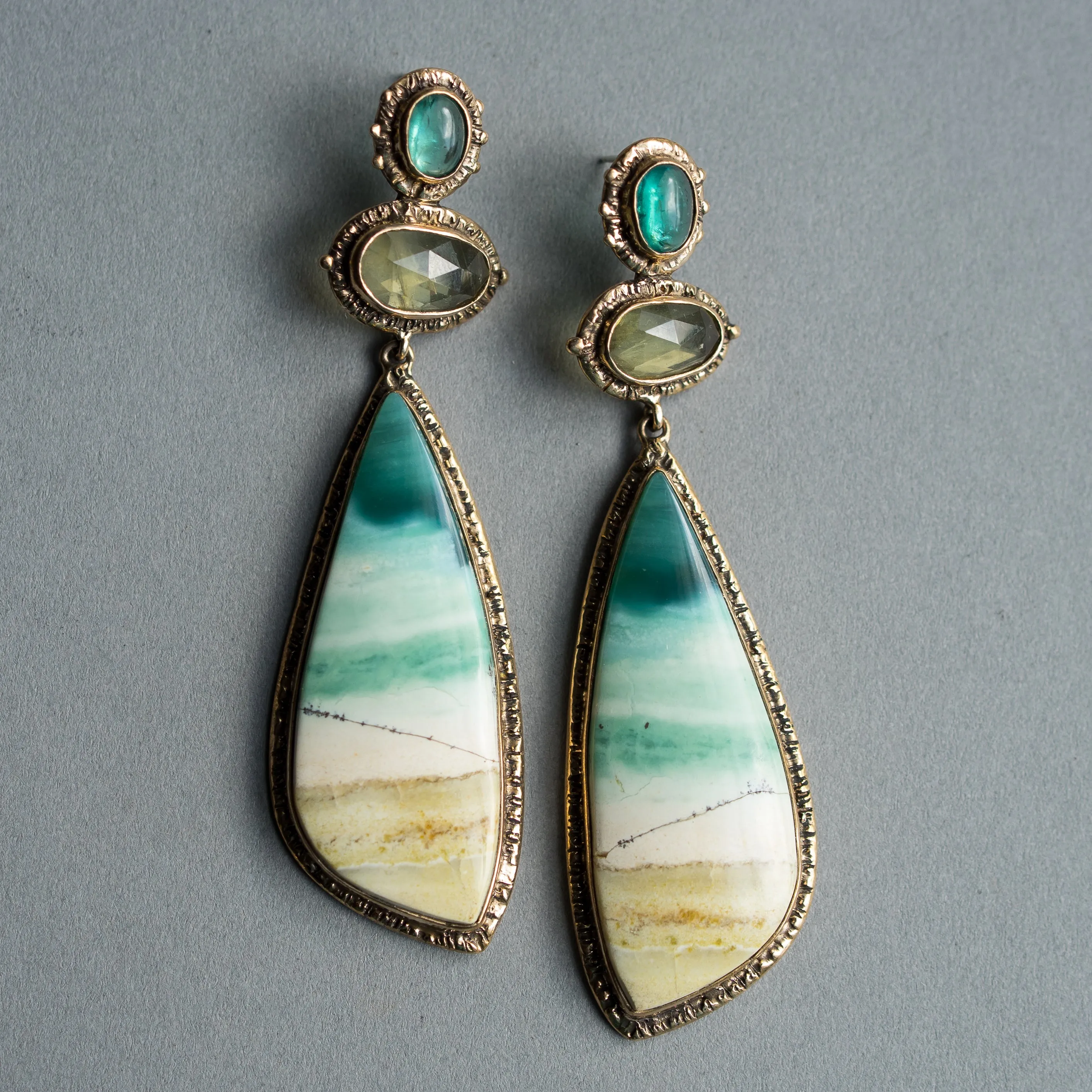 Opalized Wood, Heliodor & Apatite Earrings