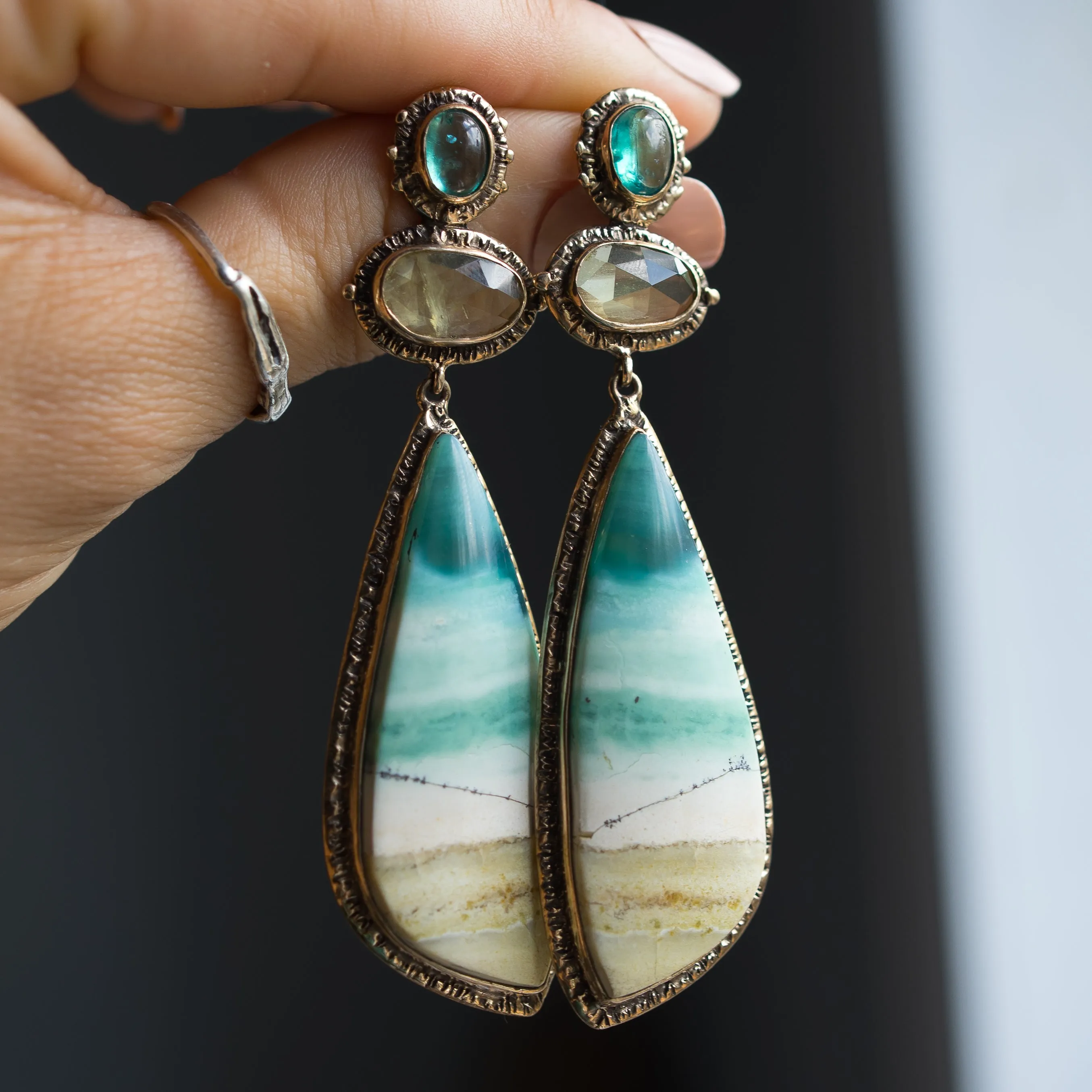 Opalized Wood, Heliodor & Apatite Earrings