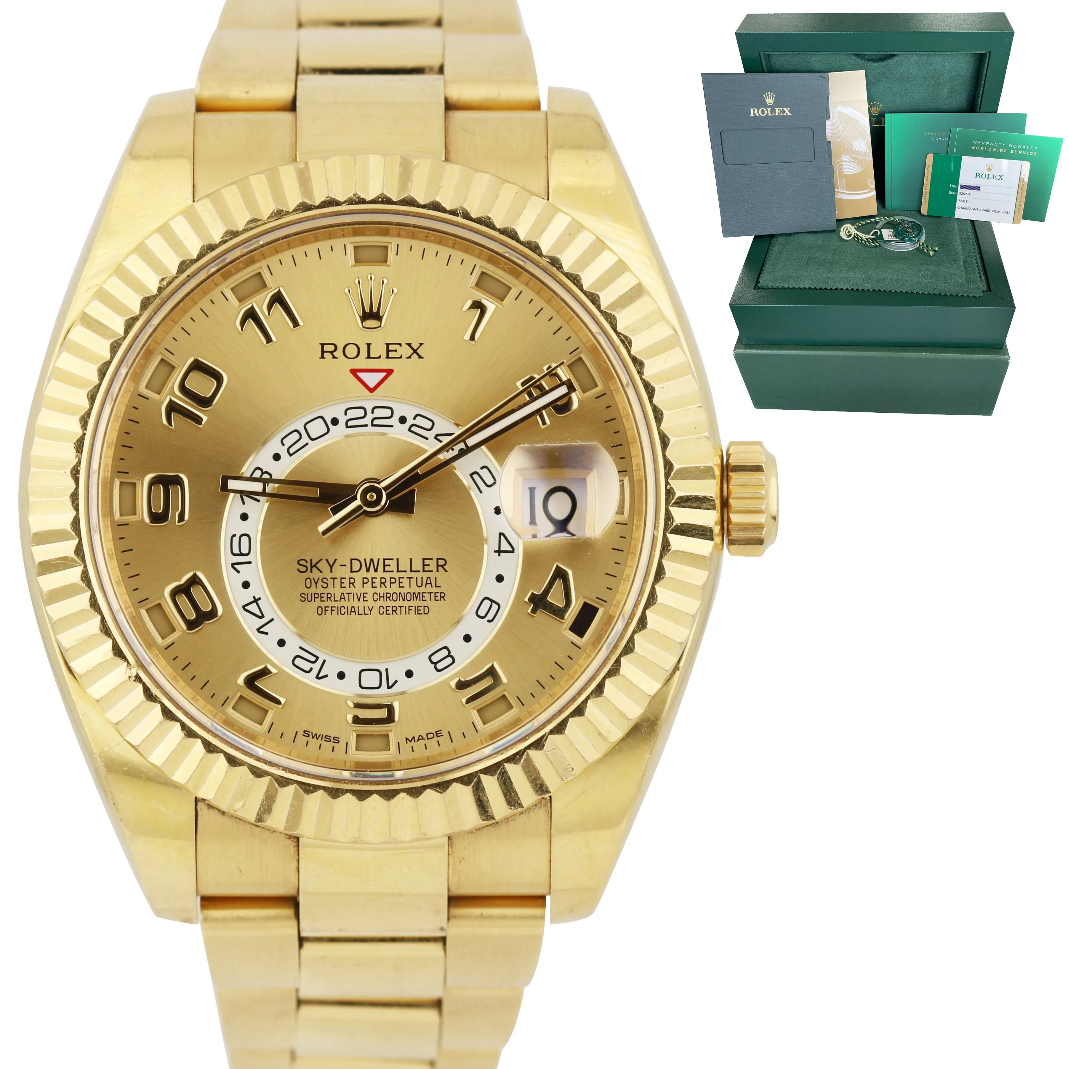 OPEN CARD UNPOLISHED Rolex Sky-Dweller Yellow Gold Champagne Arabic 326938 Watch