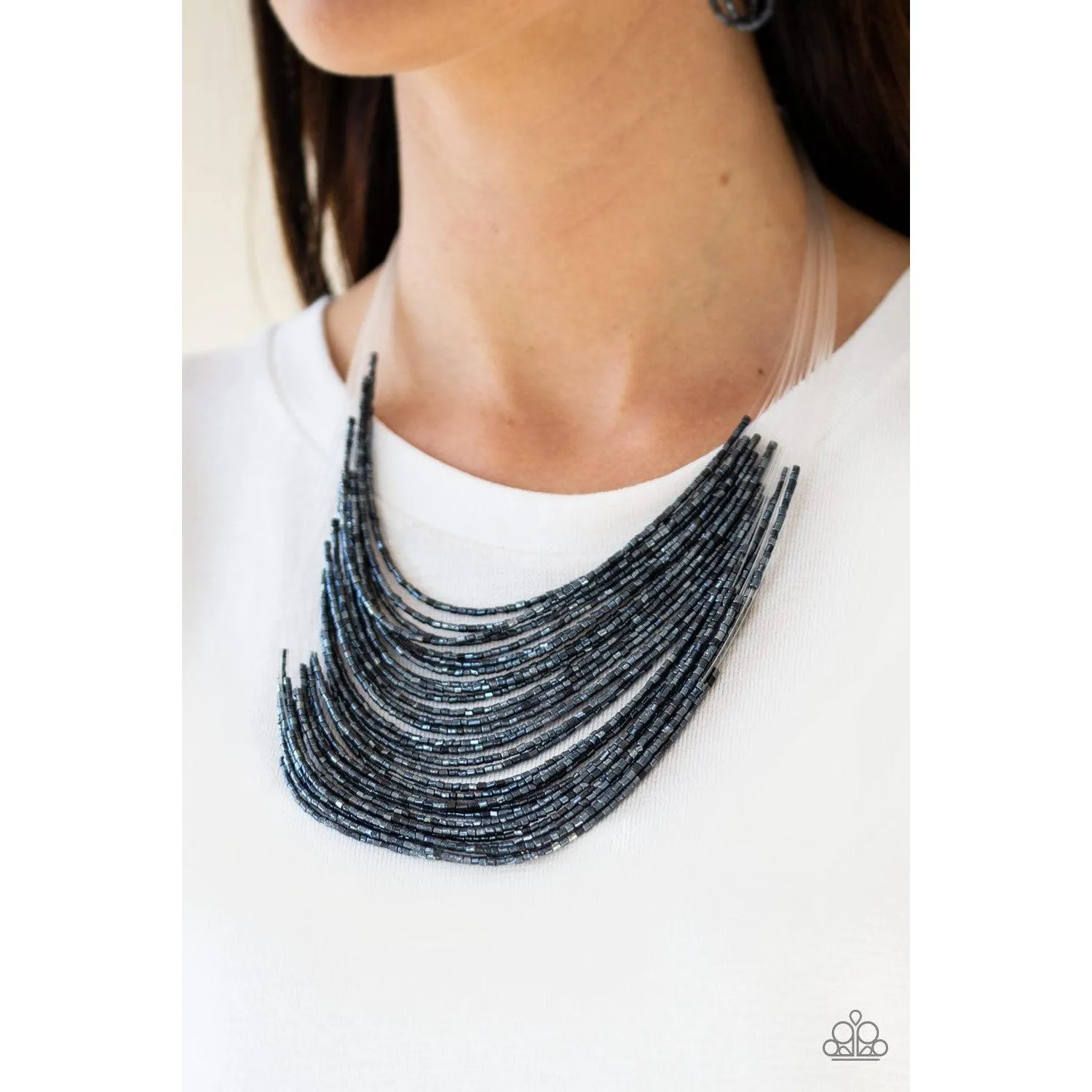 Paparazzi Catwalk Queen Metallic Blue Seed Bead Necklace Earrings Set