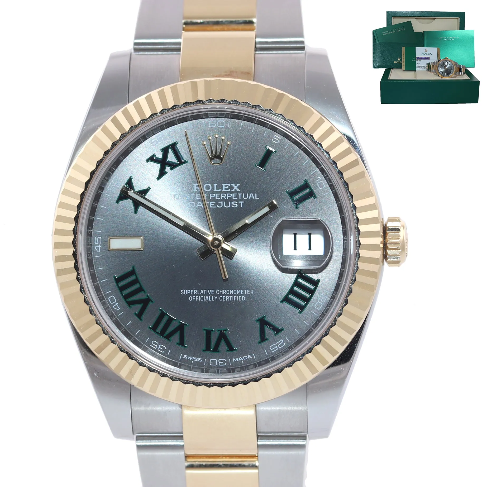 PAPERS Rolex DateJust 41 126333 Two Tone Yellow Gold Wimbledon Grey 41mm Watch