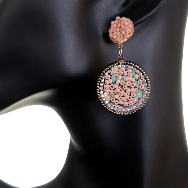 Pastel Pink Seed Bead Round Flat Disc Earrings