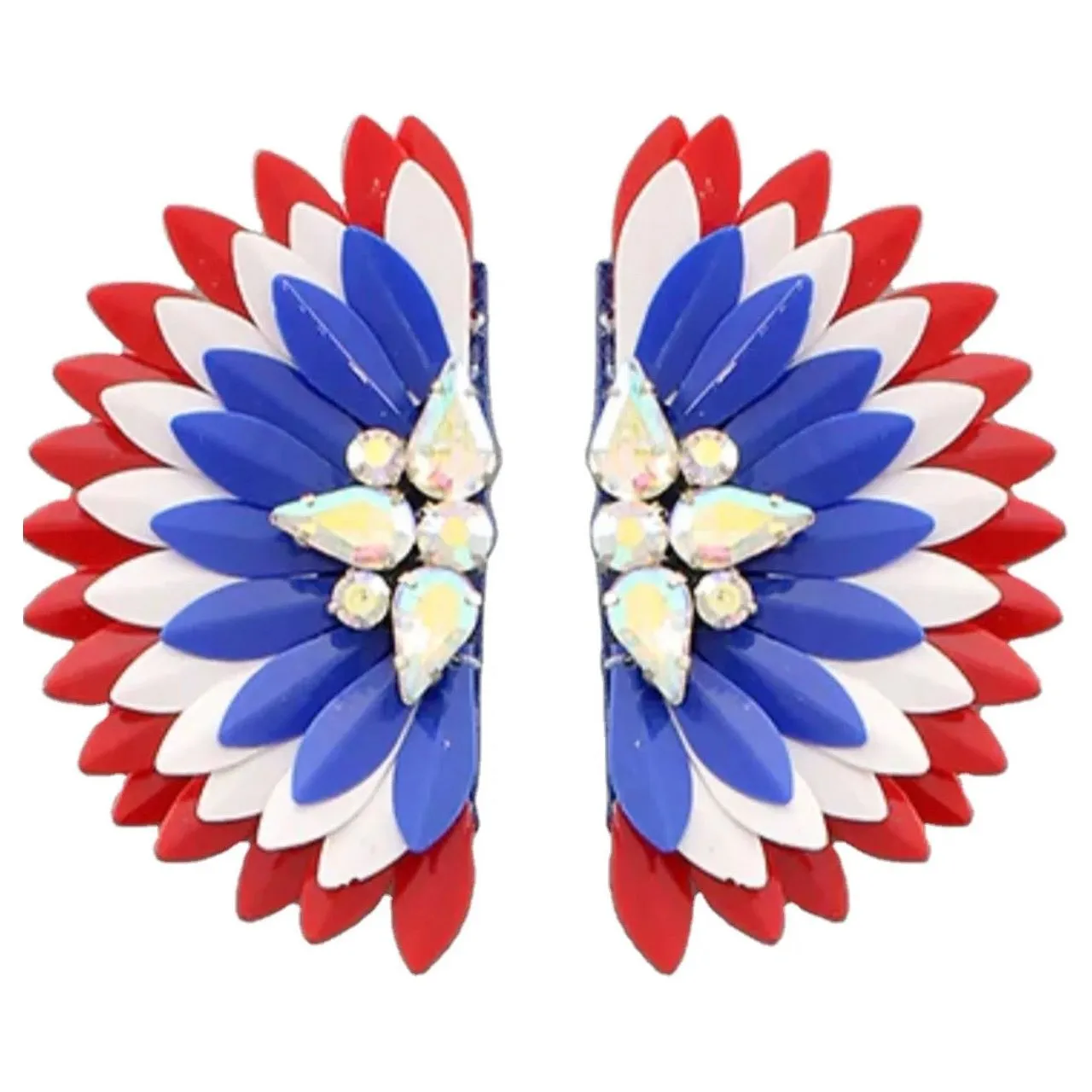 Patriotic Metal Tone Wings Stud Earrings with Rhinestones