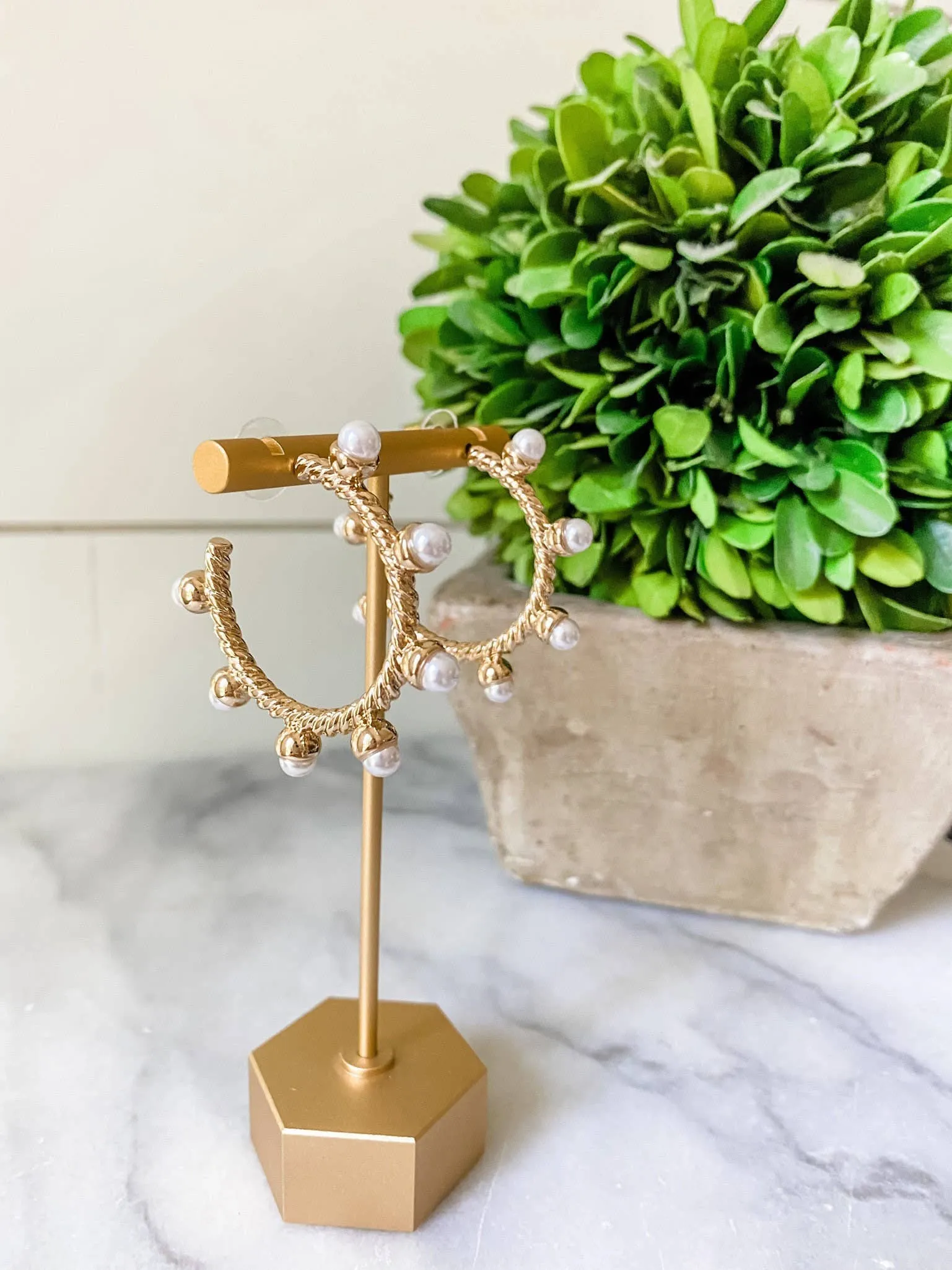 Pearl and Gold Beaded Ball Hoop Statement Earrings