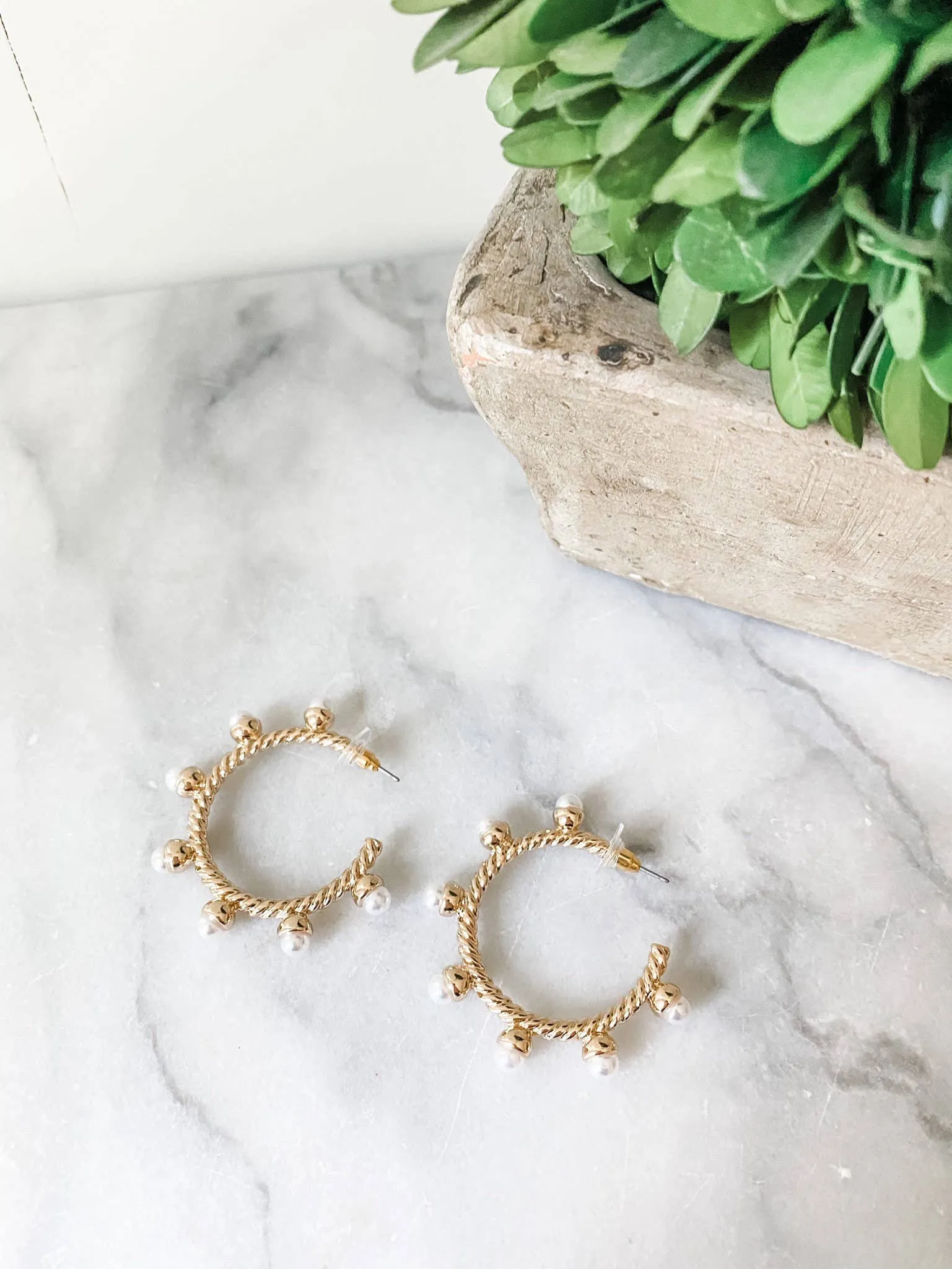 Pearl and Gold Beaded Ball Hoop Statement Earrings