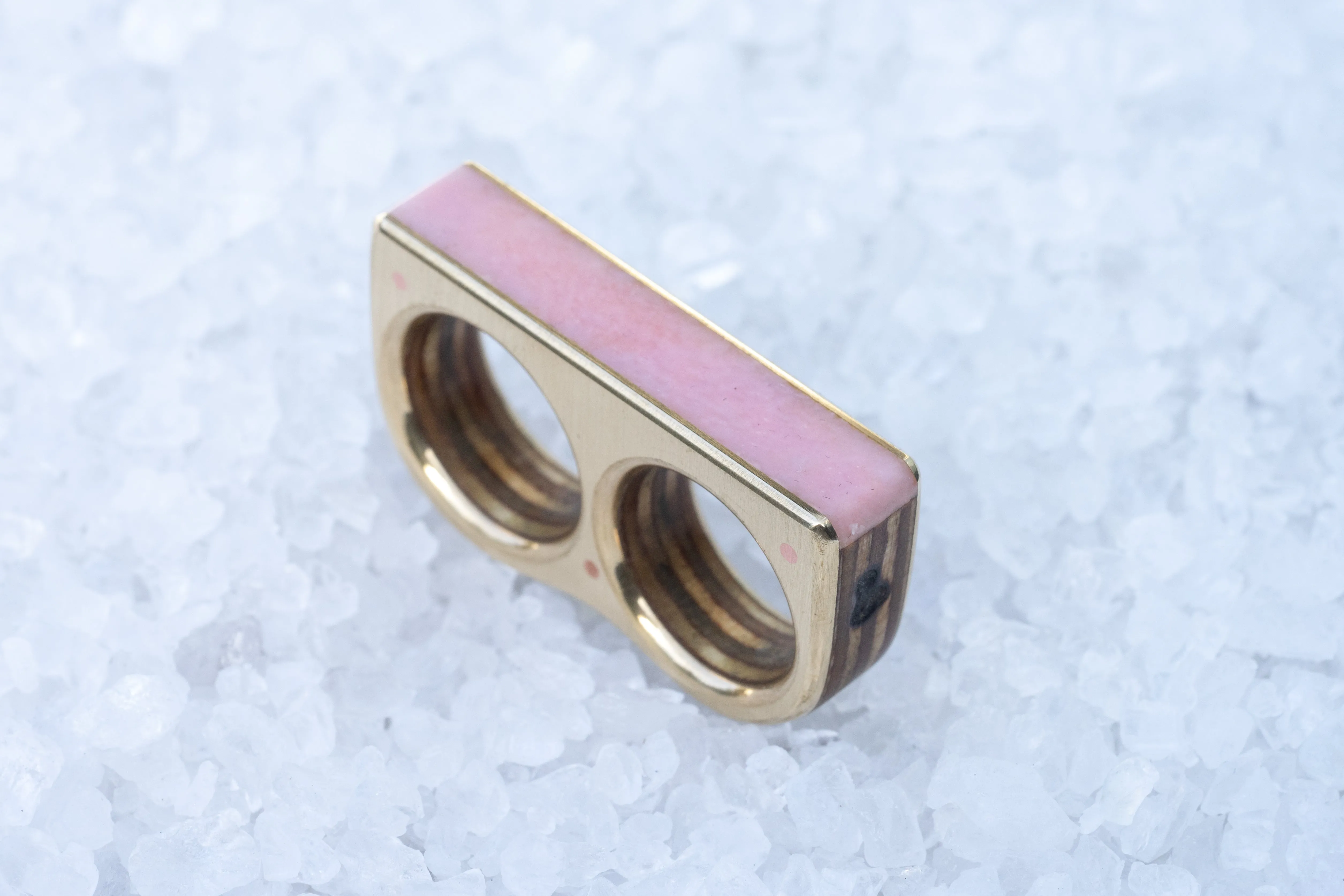 Pink Opal & Brass Two Finger Ring