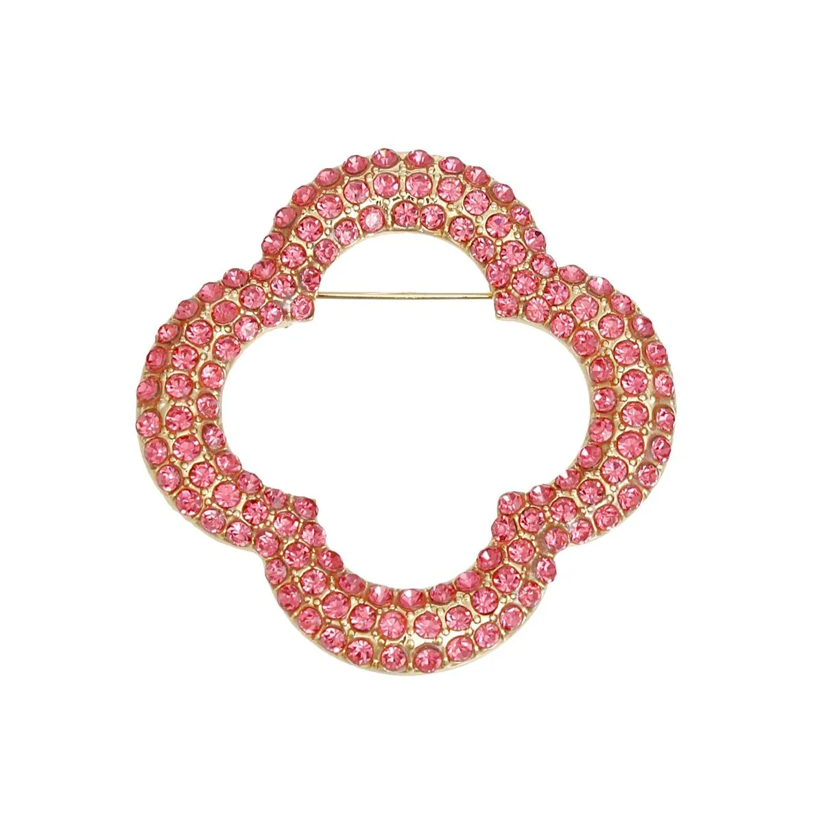 Pink Rhinestone Quatrefoil Clover Brooch - Gold Tone Metal