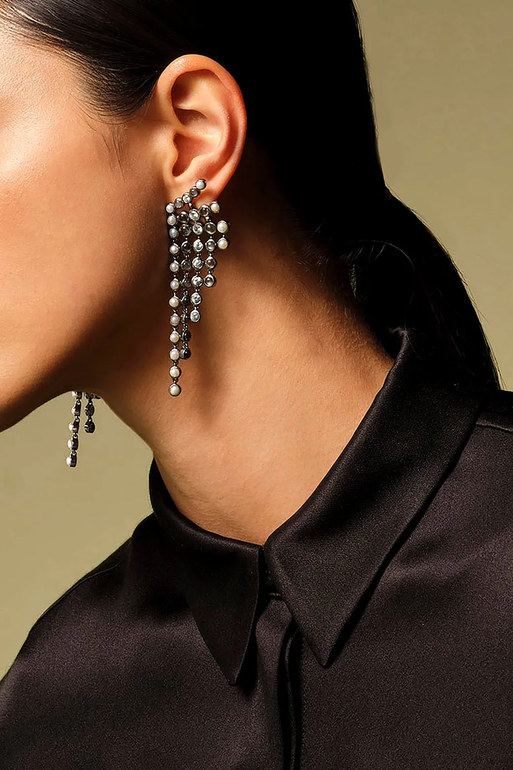 Pixelated Fringes Earrings - Pearl, White Zircon & Black Sheen Moonstone