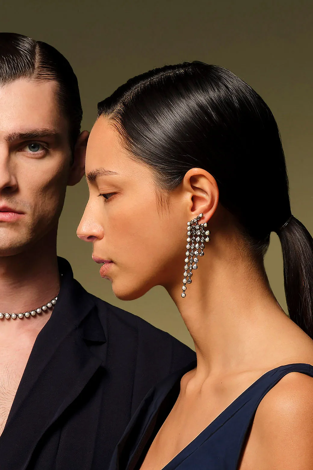 Pixelated Fringes Earrings - Pearl, White Zircon & Black Sheen Moonstone
