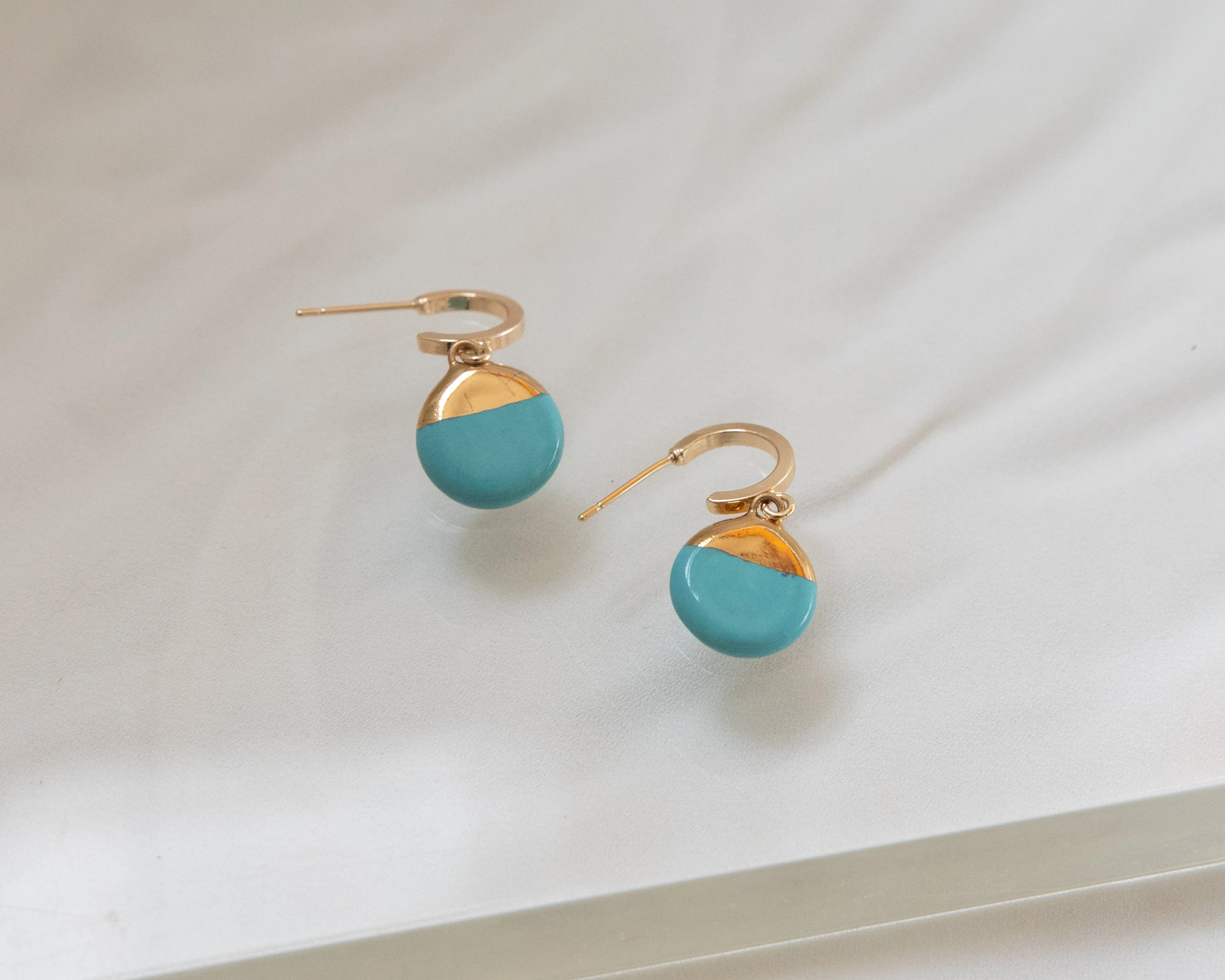 Porcelain and Gold Turquoise Drop Earrings with Gold Huggie Hoops