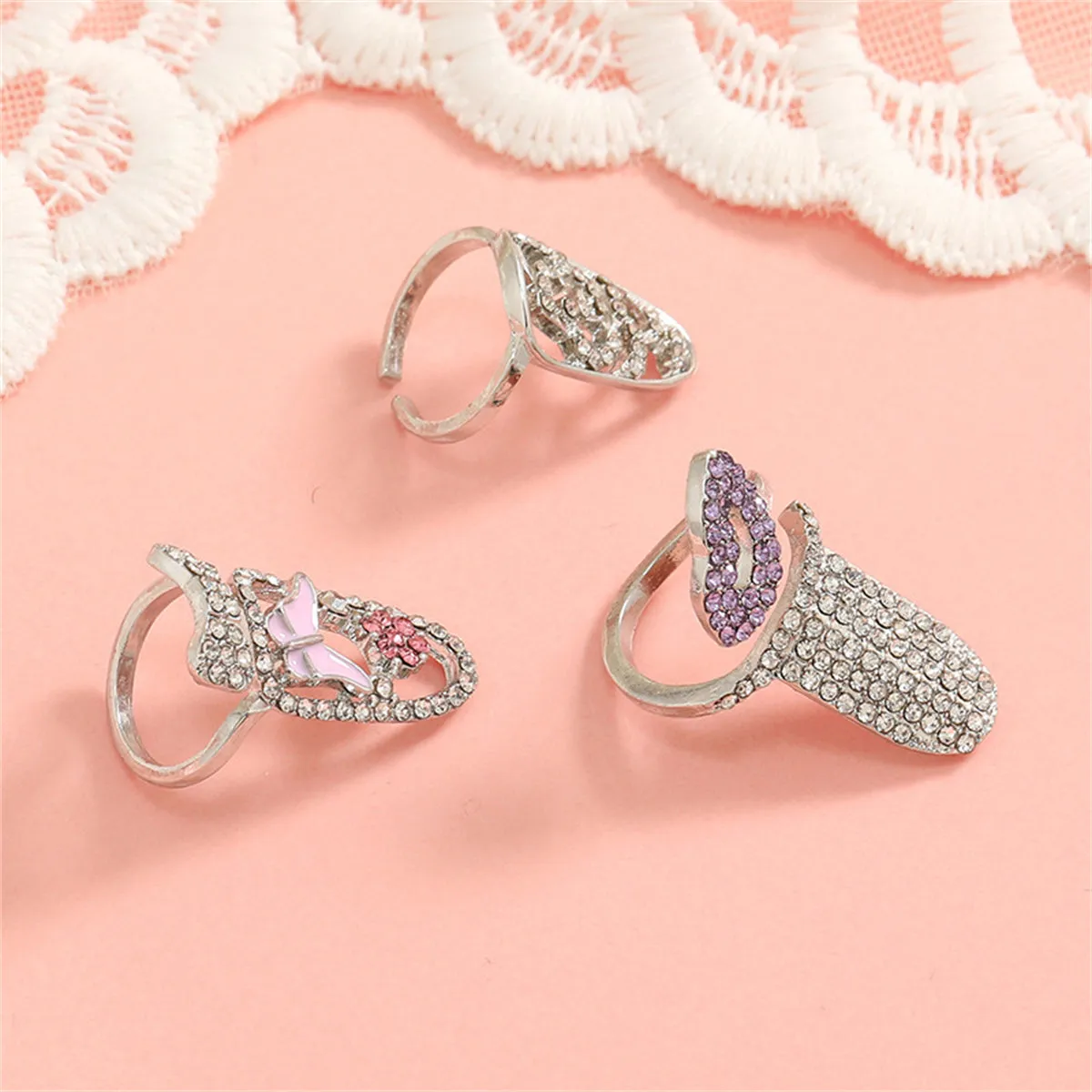 Purple & Clear Cubic Zirconia Lips Midi Ring Set