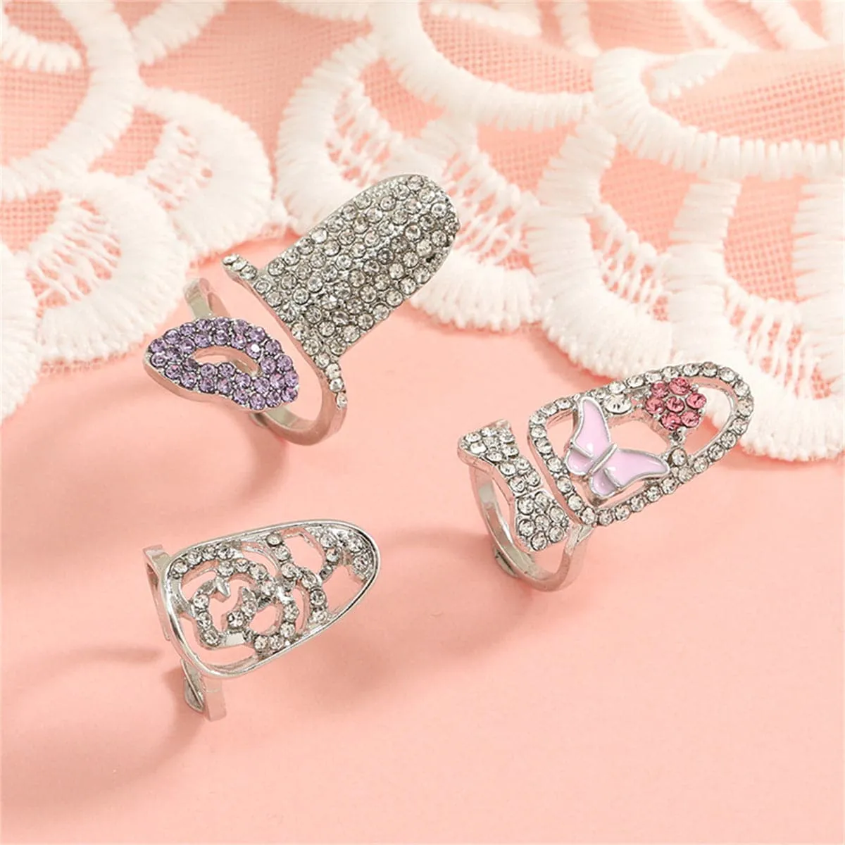 Purple & Clear Cubic Zirconia Lips Midi Ring Set
